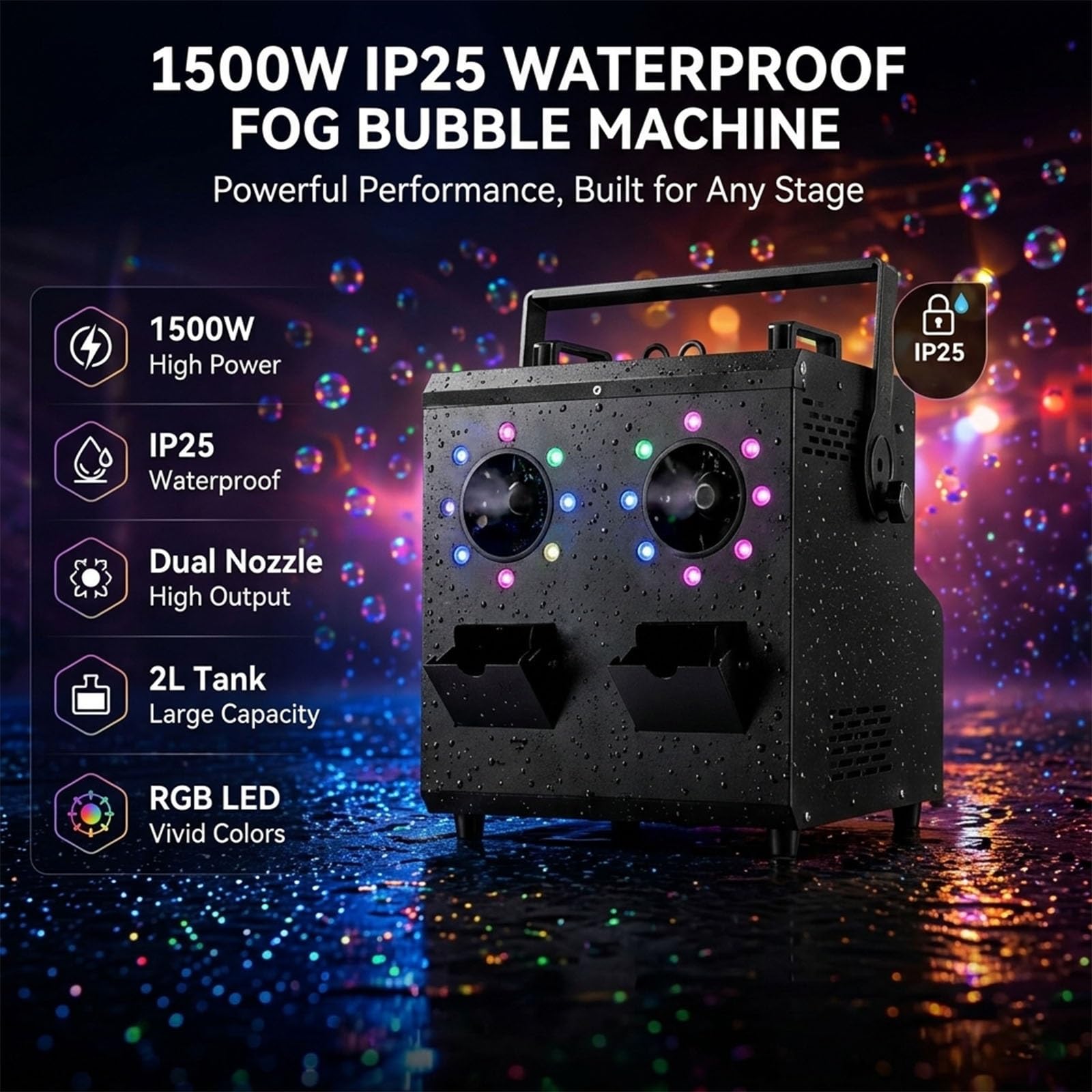 Máquina para Burbujas y Humo Profesional 1500W Impermeable IP25, Generador Efecto Nube con Luz LED y DMX para Escenario DJ Boda Fiesta Discoteca Evento