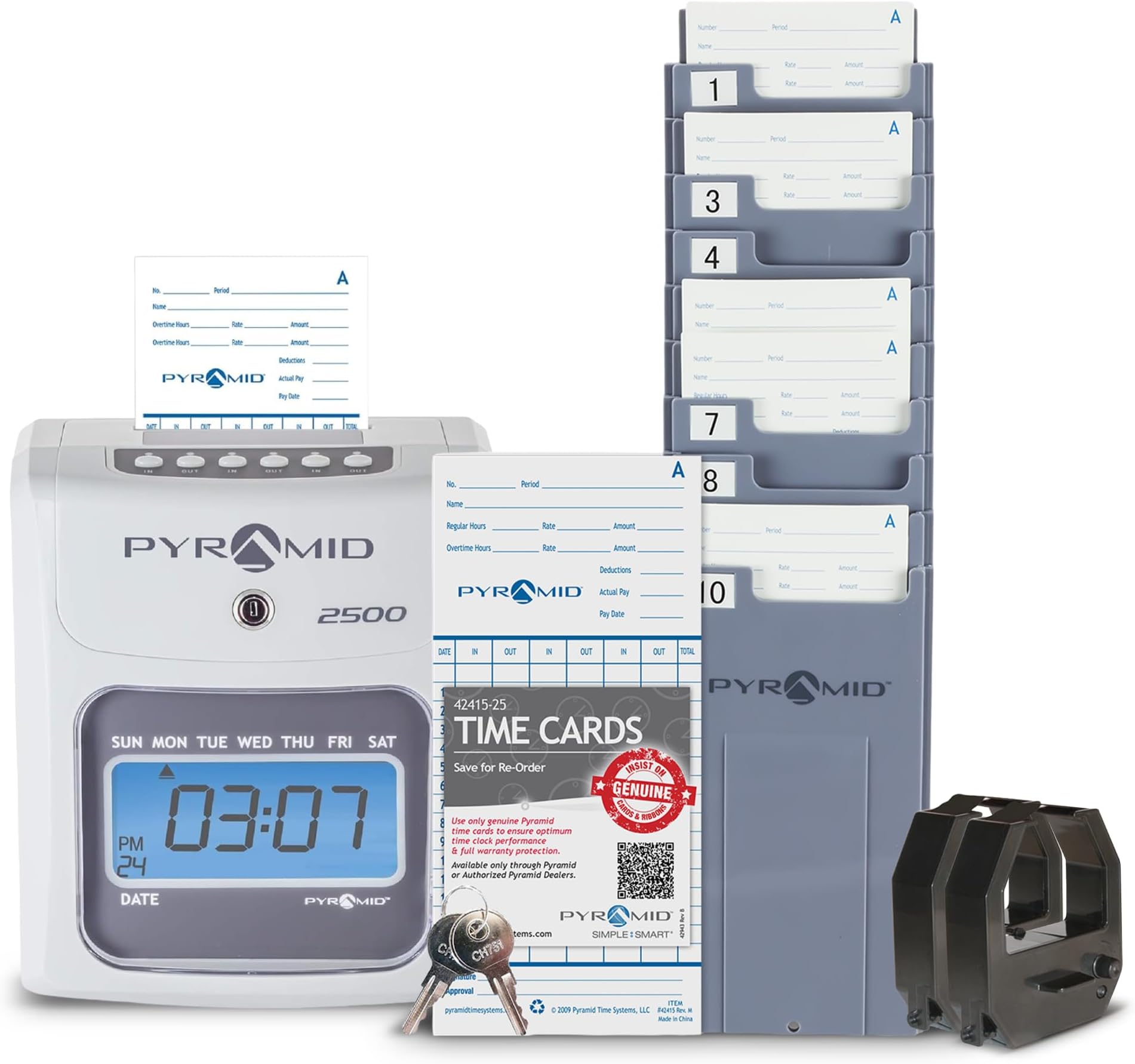 Pyramid Time Systems 2500 Auto-Aligning Time Clock Bundle [2500K1] | Auto-aligning punch, backlit LCD, 12/24hr format, DST reset, wall or desk mount, unlimited employees