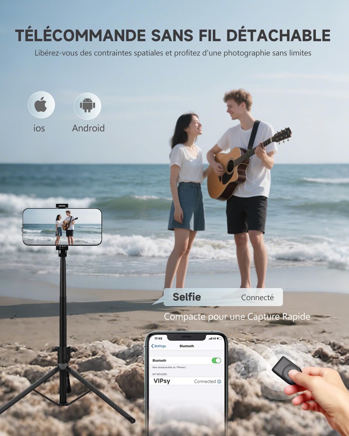 180cm Trepied Smartphone & Perche a Selfie, Trepied Telephone Portable Rétractable en Aluminium avec Télécommande sans Fil pour iPhone/Samsung/Android/Caméra