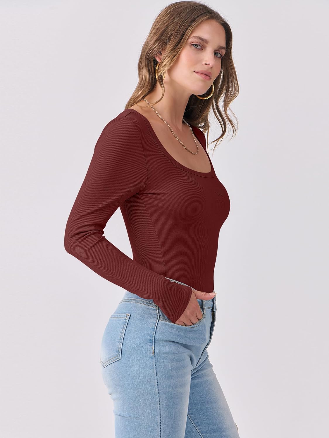 ANRABESS Womens Long Sleeve Shirts Scoop Neck Ribbed Knit Slim Fitted Tops Casual Basic Tee 2025 Fall Fashion Outfits Clothes - Image 3