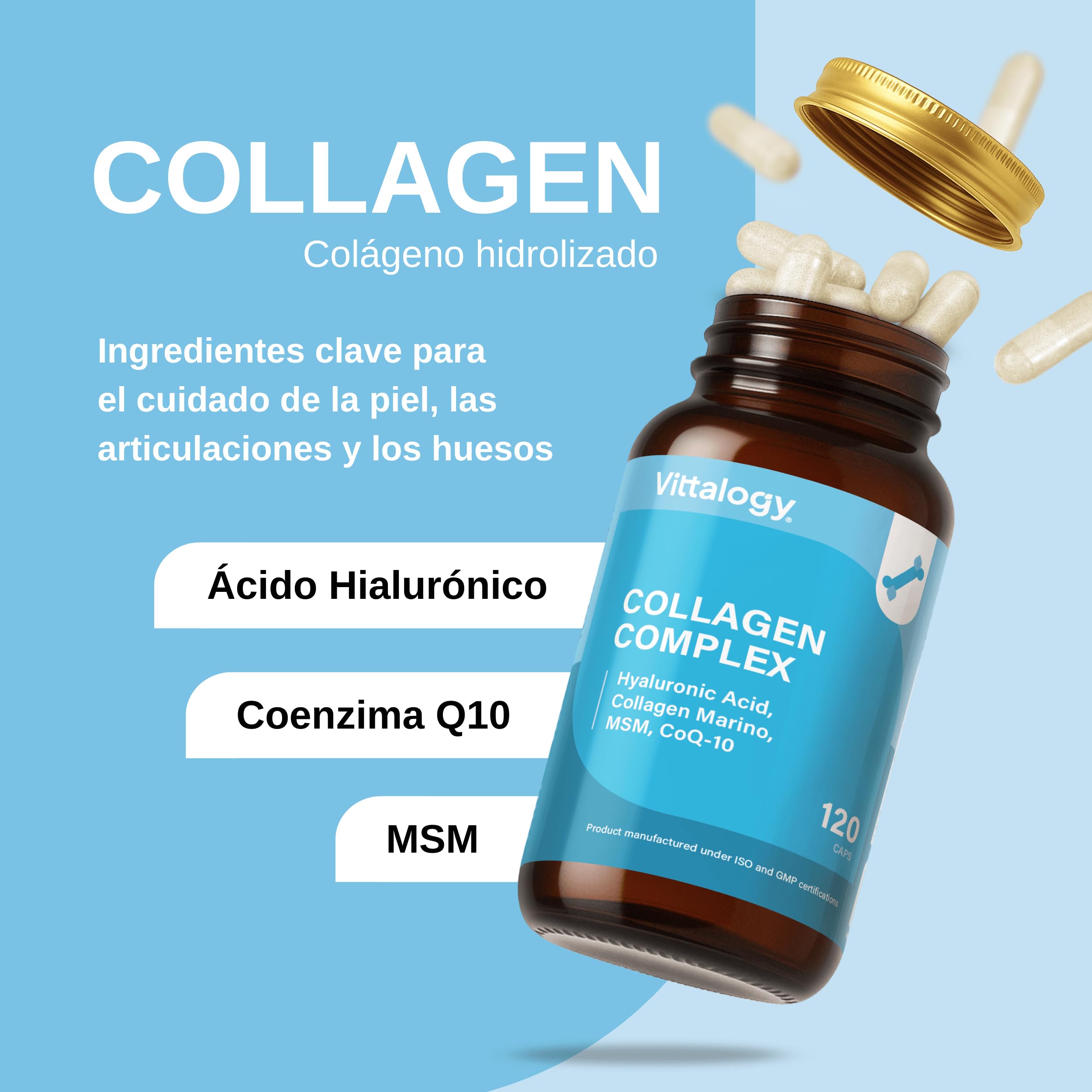 Collagen Complex Suplemento Natural de Colágeno Hidrolizado Marino con Ácido Hialurónico, Magnesio, Coenzima Q10 y Vitaminas A, B12, C y D. Colágeno para Articulaciones y Piel. 360 Cápsulas