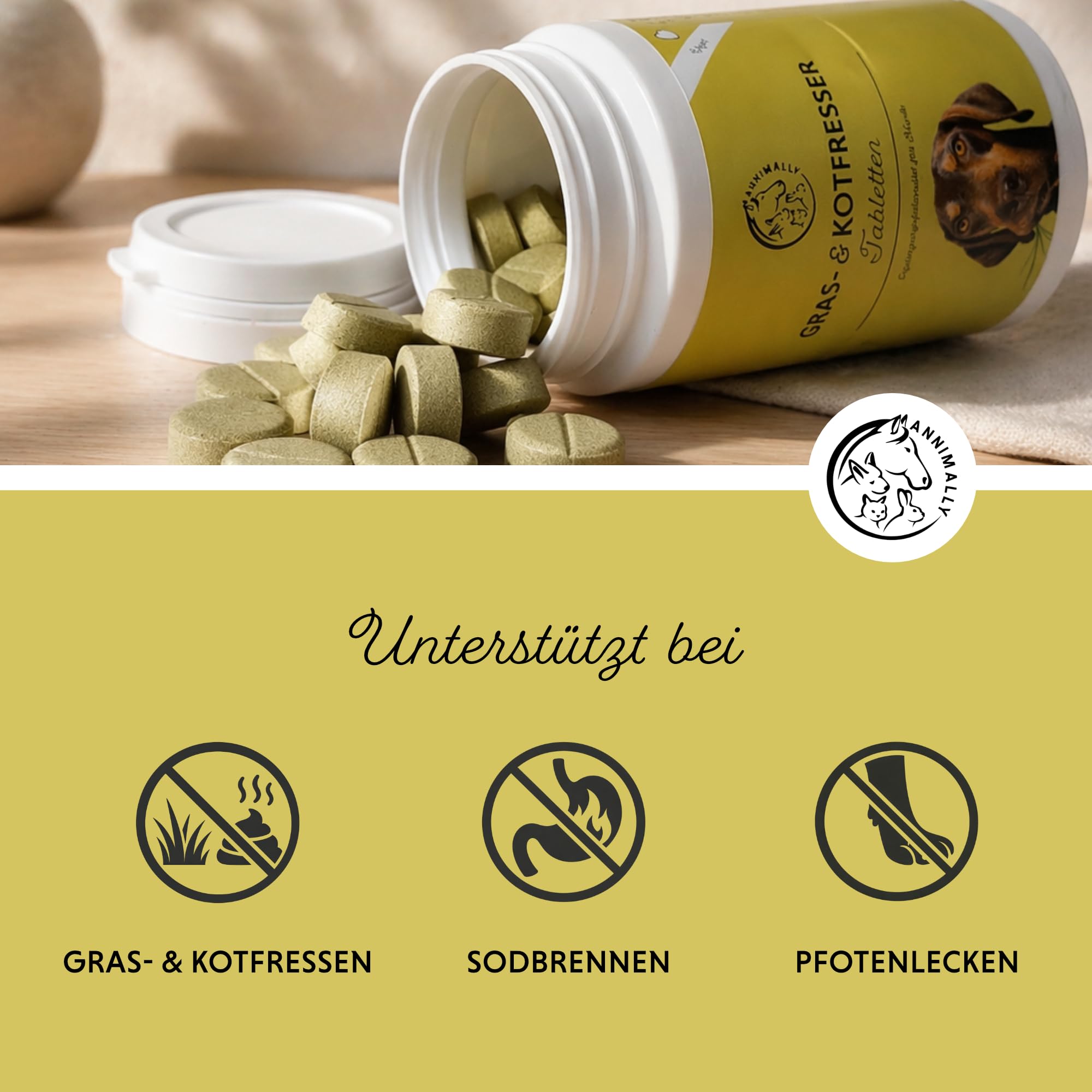 Annimally Gras- & Kotfresser Tabletten für Hunde - Unterstützen Verdauung & Magen-Darm-Flora, mit Probiotika, Ballaststoffen & Pflanzenstoffen, 120 Stück