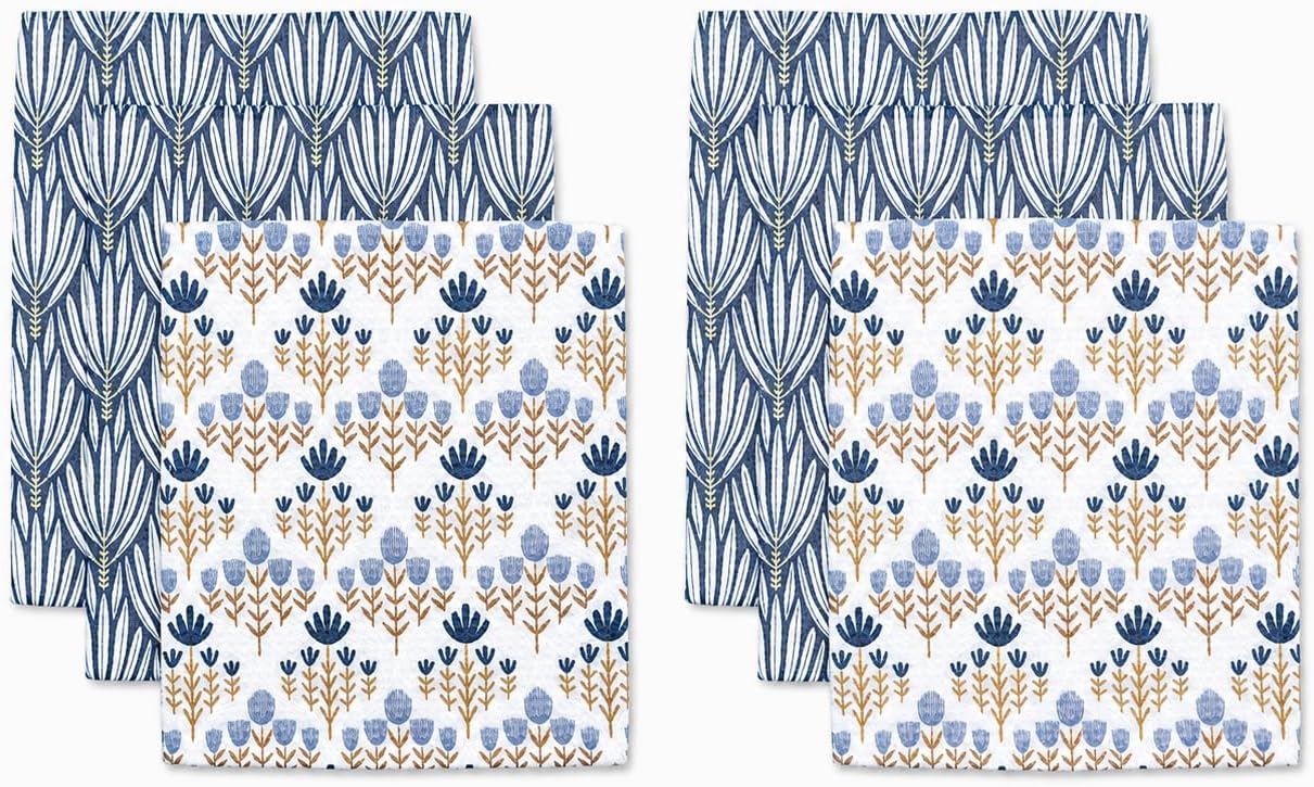 Premium Kitchen Dish Towel | Microfiber Waffle Weave | Quick Dry | Super Absorbent | Double-Sided Designer Prints | 6 Pack (2 x 3-Packs) (Blue, Blue Floral)