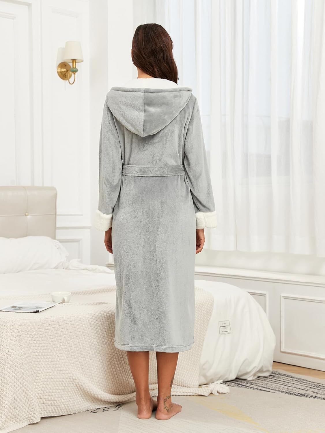 RONGTAI Womens Plush Fleece Hooded Bathrobe, Thick Nightgown Long Robe Sleepwear with Two Side Pockets and Belt - Image 4