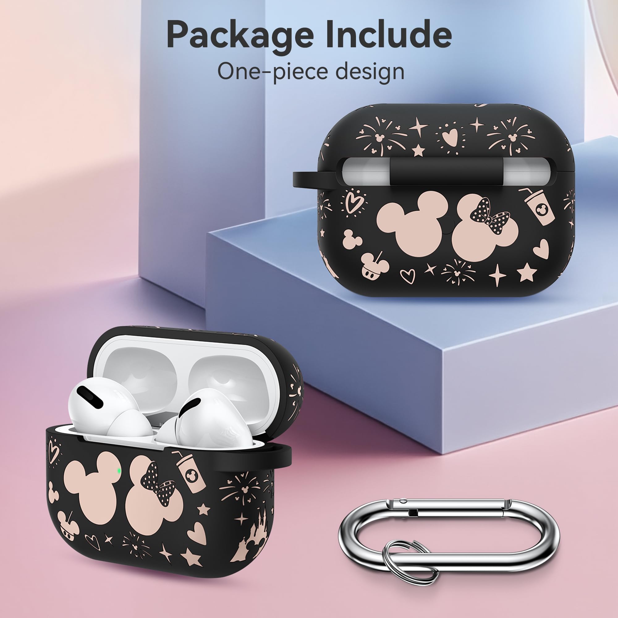 Girovo Compatible with Airpods Pro 2nd/1st Generation Case Cover with Keychain, Women Men Soft Silicone Two-Tone Cute Cartoon Engraved Convenience Protective Case, Front LED Visible Black/Pink