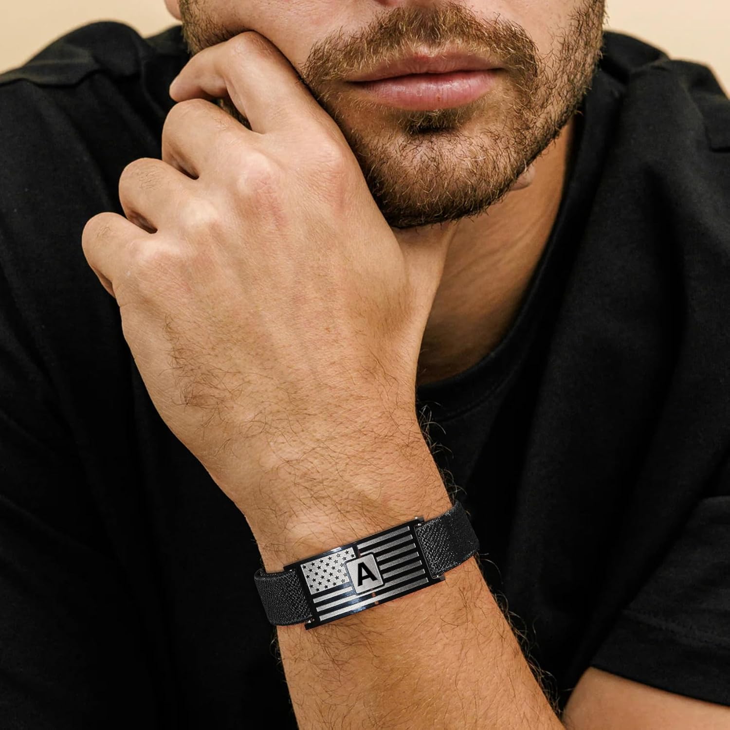 Initial Bracelet for Men Boys, American Flag Stainless Steel A-Z Letter Charm Bracelets Adjustable Patriotic Jewelry Father Graduation Valentine Gifts Trendy Stuff for Kids Teen Boys - Image 2