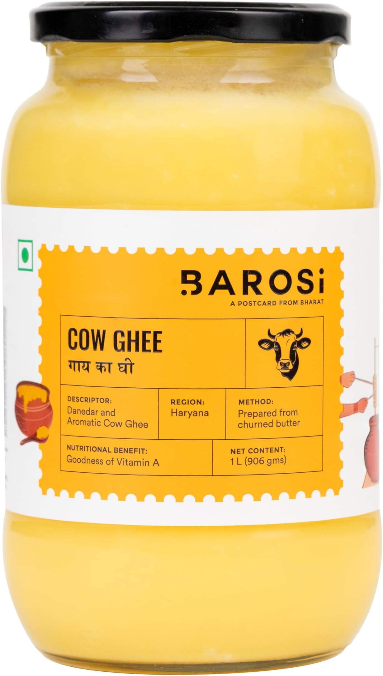 BAROSI [Premium Desi Cow Ghee 1 Litre] Danedar Ghee | Grass-Fed | Rich In Good Fats And Antioxidants | Immunity Booster | Easy To Digest | Natural, Healthy & Pure Cow Ghee (Glass Bottle 1000 ml)
