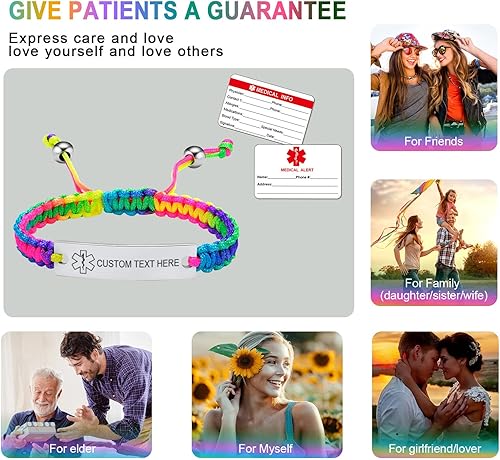 Miniatura 3 de MEALGUET Pulsera de identificación médica para hombres y mujeres, grabado gratuito, hecha a mano, cuerda trenzada ajustable, pulsera de