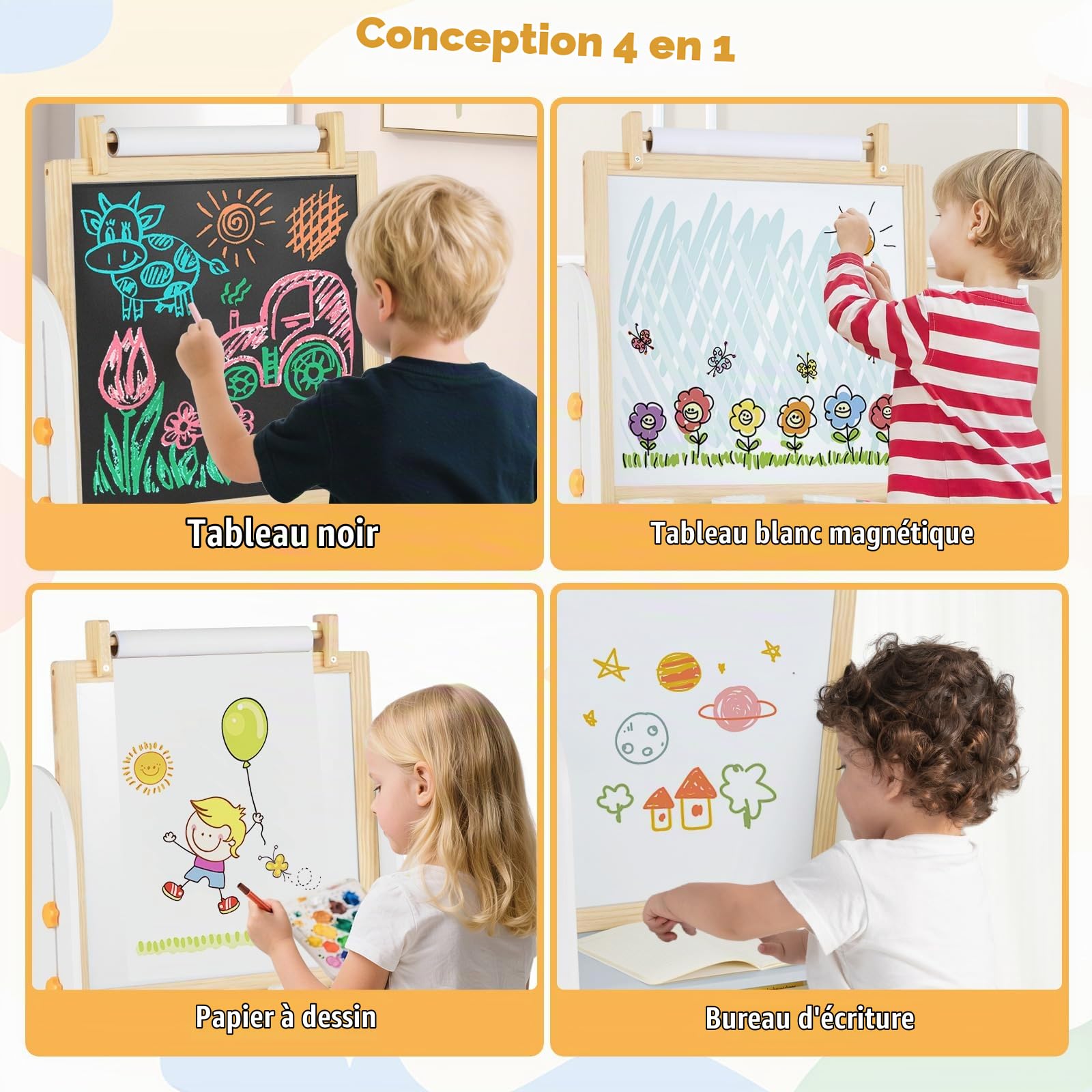 GOPLUS Table Enfant avec Chaise, 4 en 1 Tableau Enfant Double Face Amovible et Hauteur Réglable, avec Plateau Magnétique, Rouleau de Papier, Bibliothèque, Table à Dessin pour 3+ Ans
