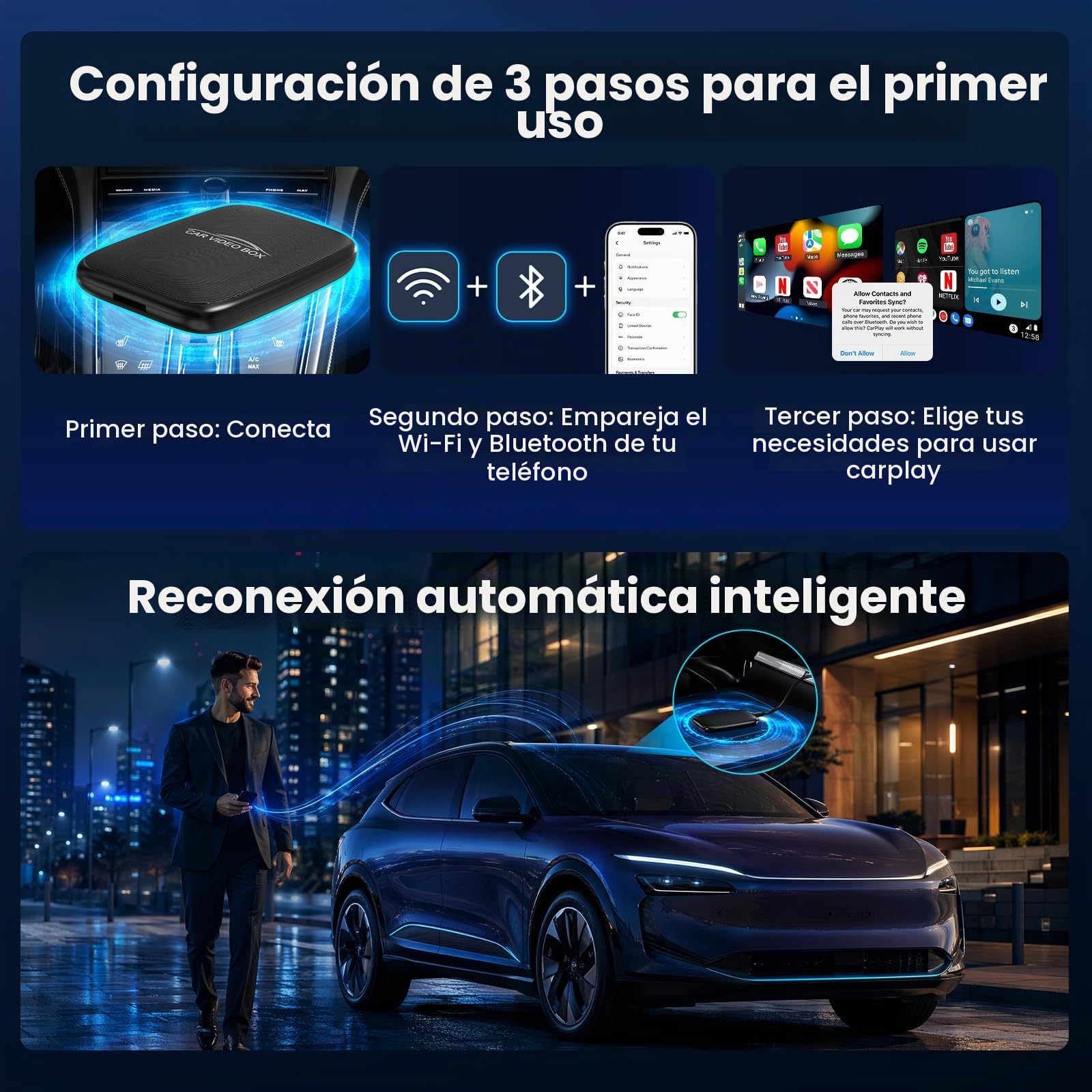 CarPlay AI Box 2026 Upgrade – Adaptador inalámbrico Apple CarPlay y Android Auto, Magic Video Box con Netflix, Soporte para Tarjetas TF, Plug-and-Play Carplay Adapter para iOS 10+ / Android 11+