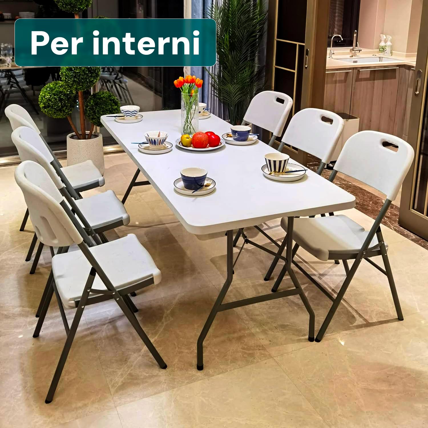 Avilia Tavolo Pieghevole Portatile salvaspazio | Tavolo richiudibile | Tavolo da campeggio con Sistema di Blocco di Sicurezza, Fino a 6 Persone - 180x70x74 cm (Bianco)