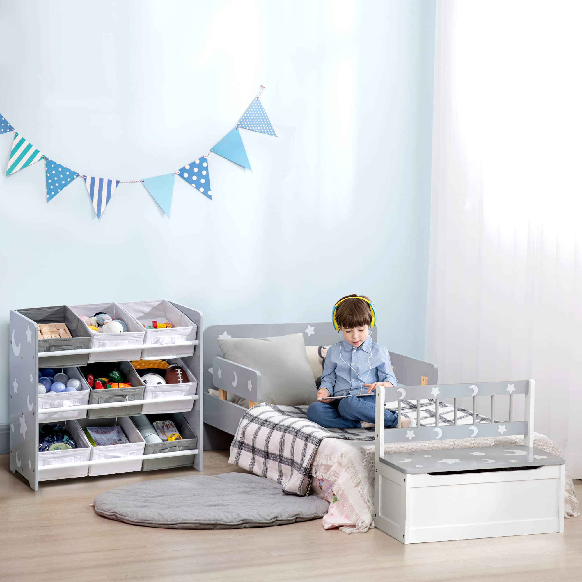 ZONEKIZ Set per Bambini 3-6 Anni con Lettino 143x76x49 cm, Mobile Portagiochi 63x30x60 cm e Cassapanca 60x30x50 cm, Grigio
