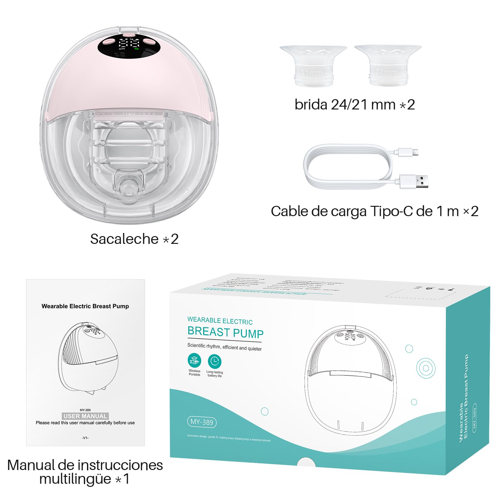 FUNYKICH 2×Sacaleches Eléctrico Manos Libres con 4 Modos y 12 Niveles | Extractor de Leche Materna con Bridas 21/24/27mm, 217g Ligero, Ultra Silencioso, para Mamás en Casa Oficina Viajes