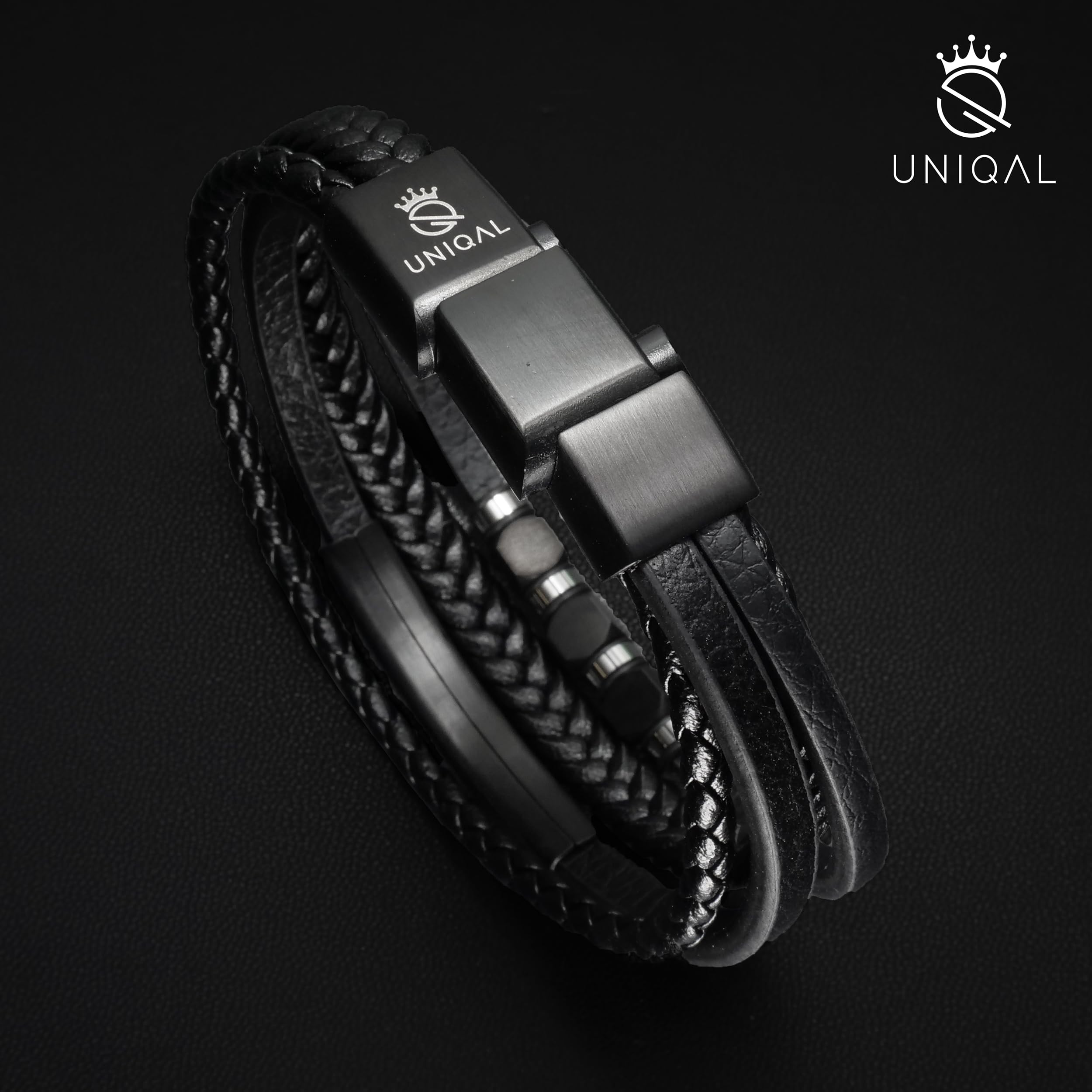 UNIQAL | Lederarmband Herren "PLATE" Mens Bracelet | Edelstahl, Echtleder | Etui Box Gratis
