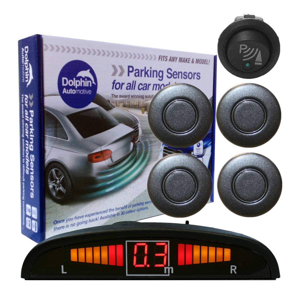 Dolphin Automotive DPS450F Front Parking Sensors In 32 Colours 4 Ultrasonic Radar Sensors Kit Audio & Display Alert System Matt & Gloss Black +30 More Colours (Sea Blue) — view 16