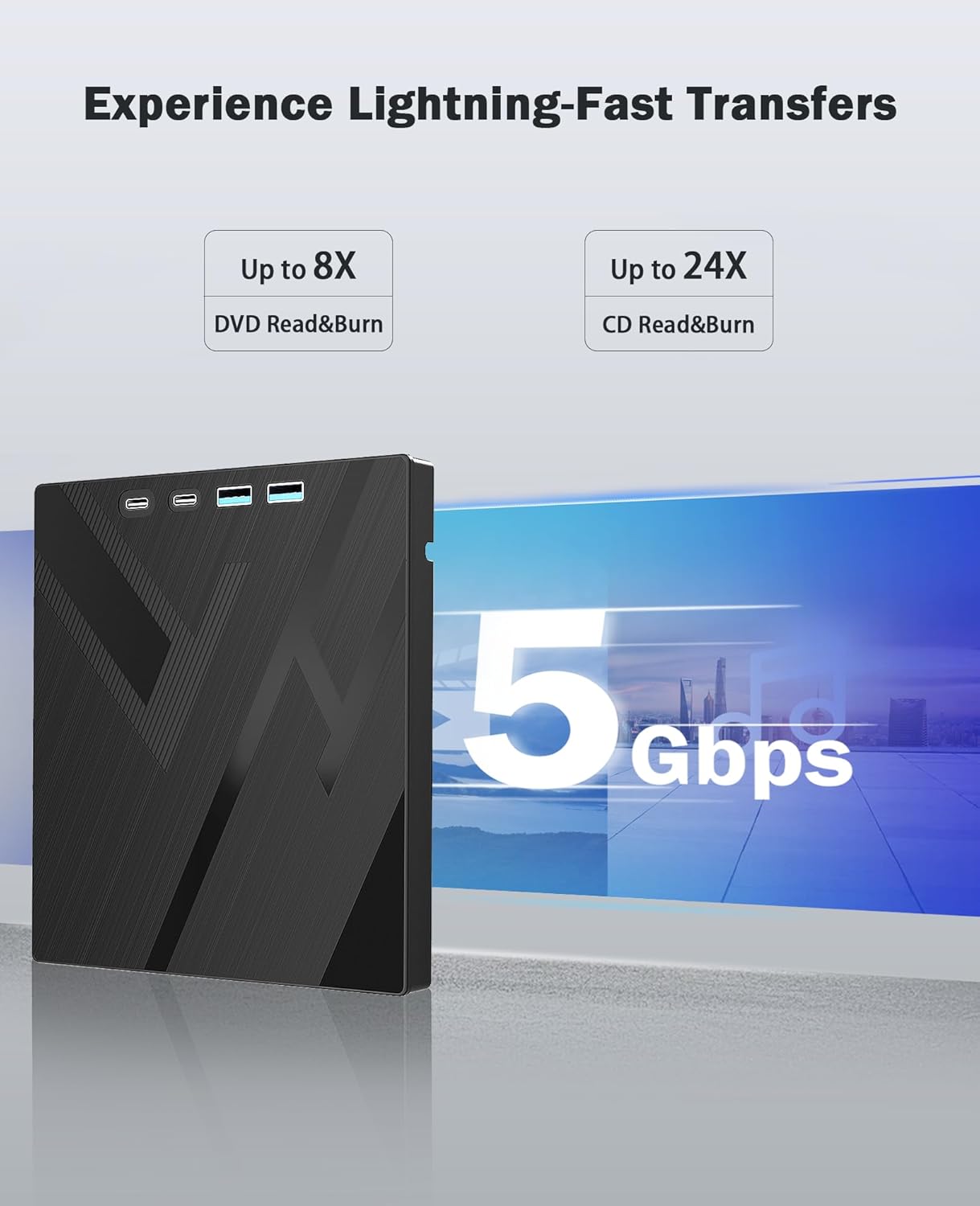 Close-up of the external CD/DVD drive with the disc tray open