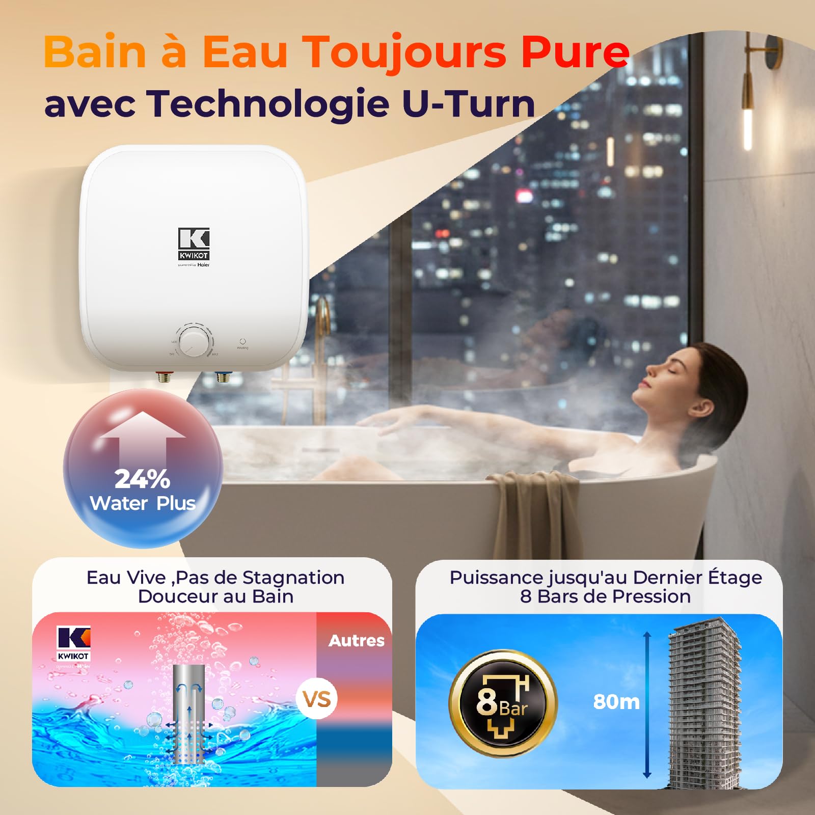 EffiCube Chauffe-eau Électrique 15 Litres Sous Évier, Ballon Eau Chaude Compact 1500W Classe A, Résistant Eaux Dures, pour Cuisine Salle de Bain Lavabo