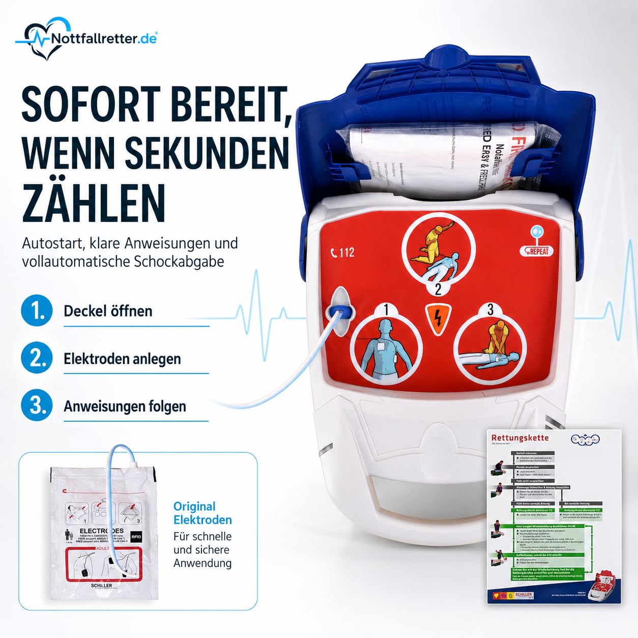 AED Defibrillator Vollautomat, Defibrillator für Zuhause [10 Jahre Garantie] mit Erste Hilfe Set, Autostart, 6 J. Batterie, Defibrillator für Betrieb, Verein & Praxis, Notfall Ausrüstung First Aid Kit