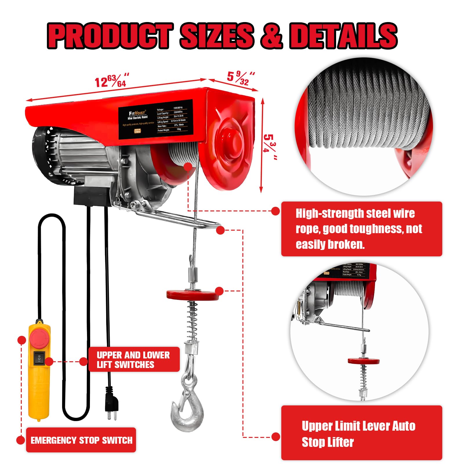 Electric Hoist,440 Lbs Winch with Remote Control,Electric Winch Single/Double Slings 38ft Lifting Height with Emergency Stop,110V Electric Lift for Factories,Warehouses,Construction Site