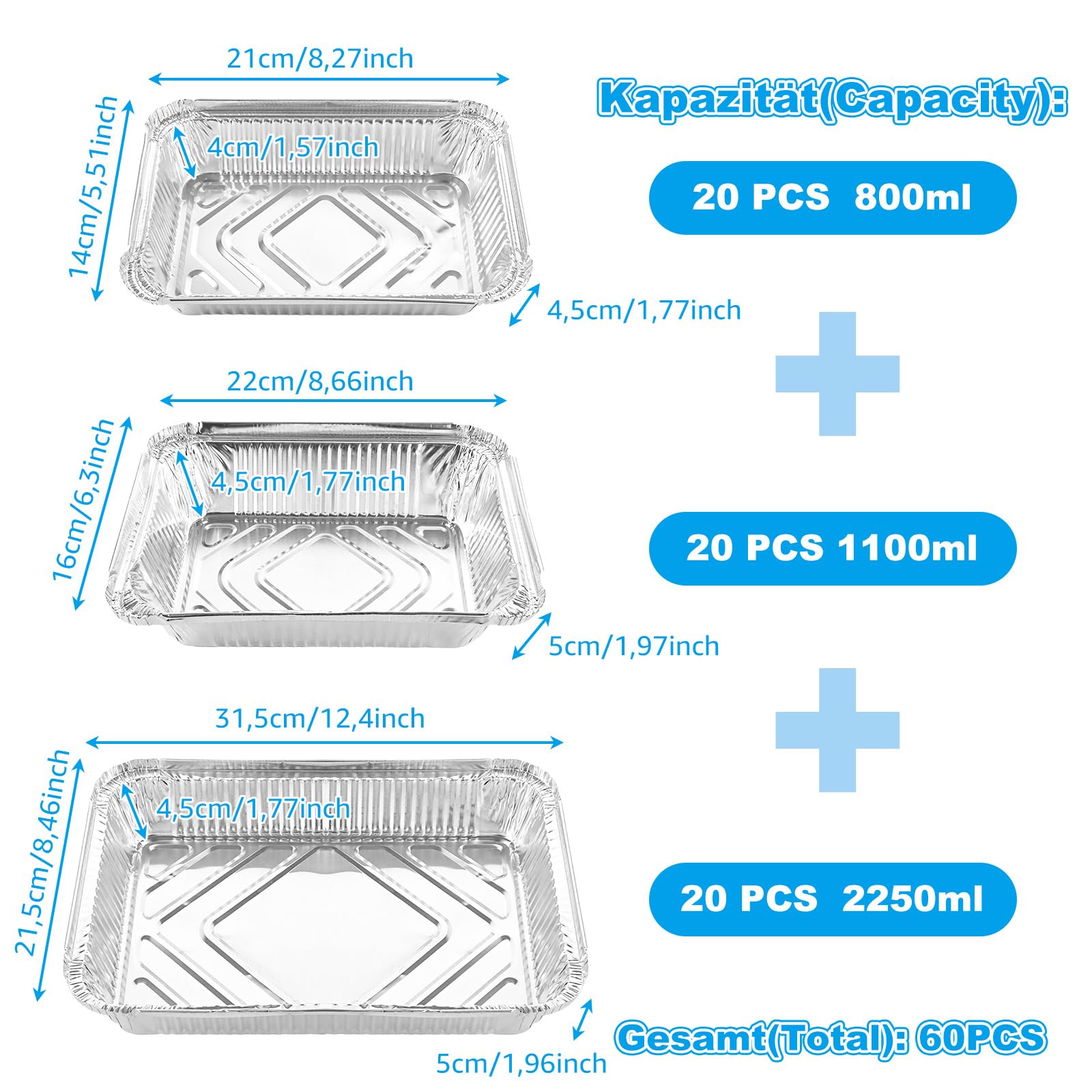 60 Stück Alu Grillschalen Wiederverwendbar, 800ml/1100ml/2250ml Aluschalen Grill Groß, Fettauffangschale Gasgrill Aluschalen für Braten Kochen Backen, Grillschale Alu