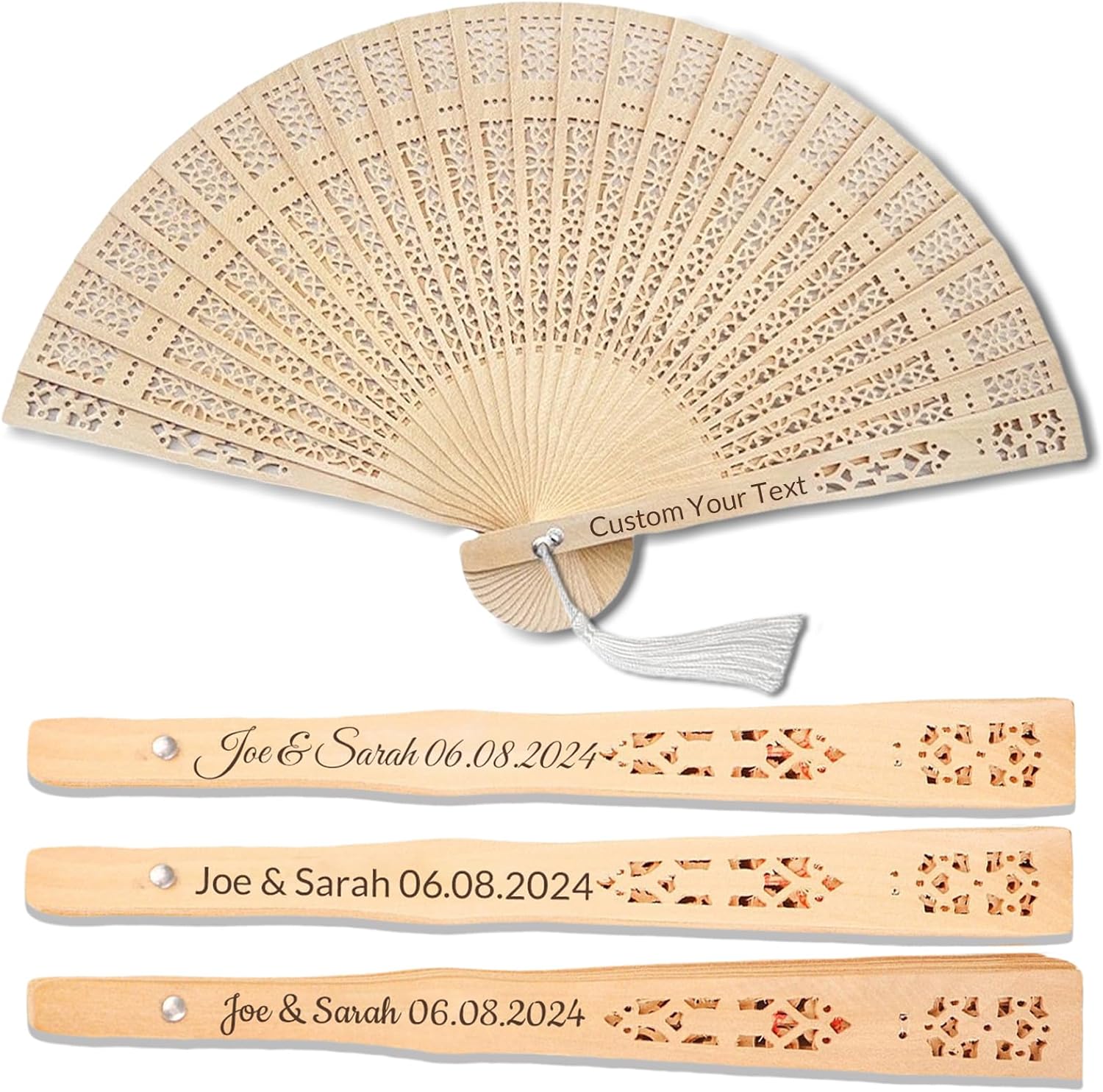50 Pcs Wedding Fans Custom Wood Hand Fans for Guests Bulk 50 Engraved Text Personalized Wedding Favors for Guests Hand Fans with Tassel Yarn Bags Gifts