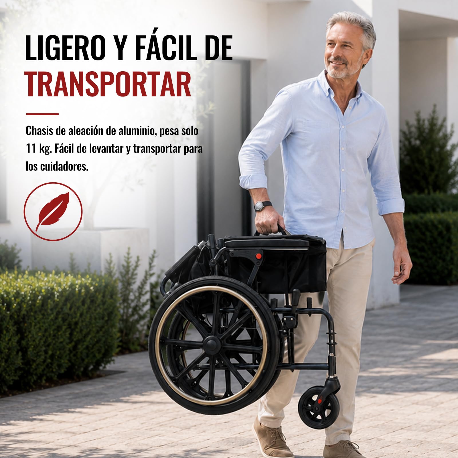 M4 Silla de Ruedas Plegable para Adulto, Ligera de 11 kg y Autopropulsada, Asiento Cómodo de 46 cm, Reposapiés Desmontables, Ruedas Antivuelco, Sistema de Doble Freno, Soporta hasta 120 kg