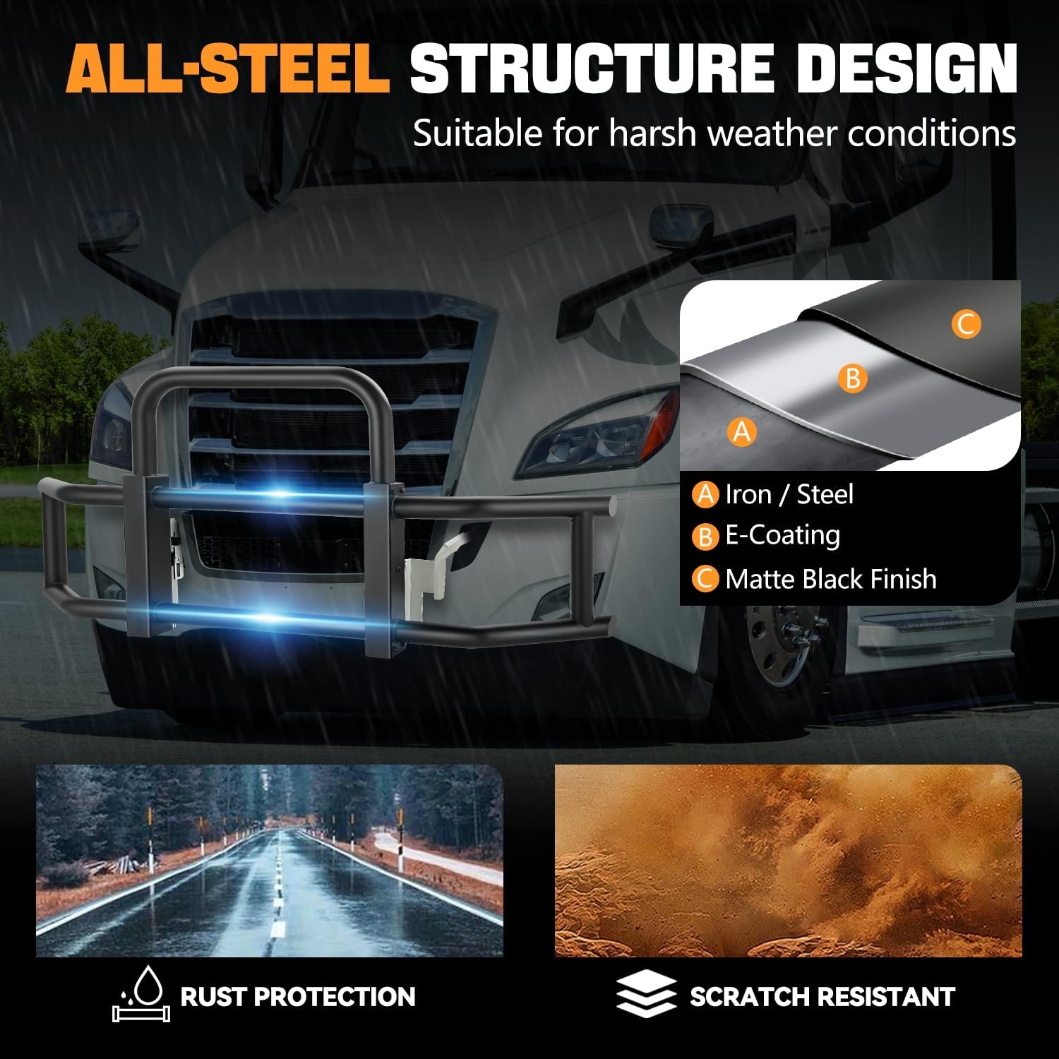Auto Dynasty Front Bumper Brush Bull Bar Deer Guard Compatible with 2018-2023 Freightliner Cascadia, 3mm Thick Iron Tubing, Powdercoated Matte Black
