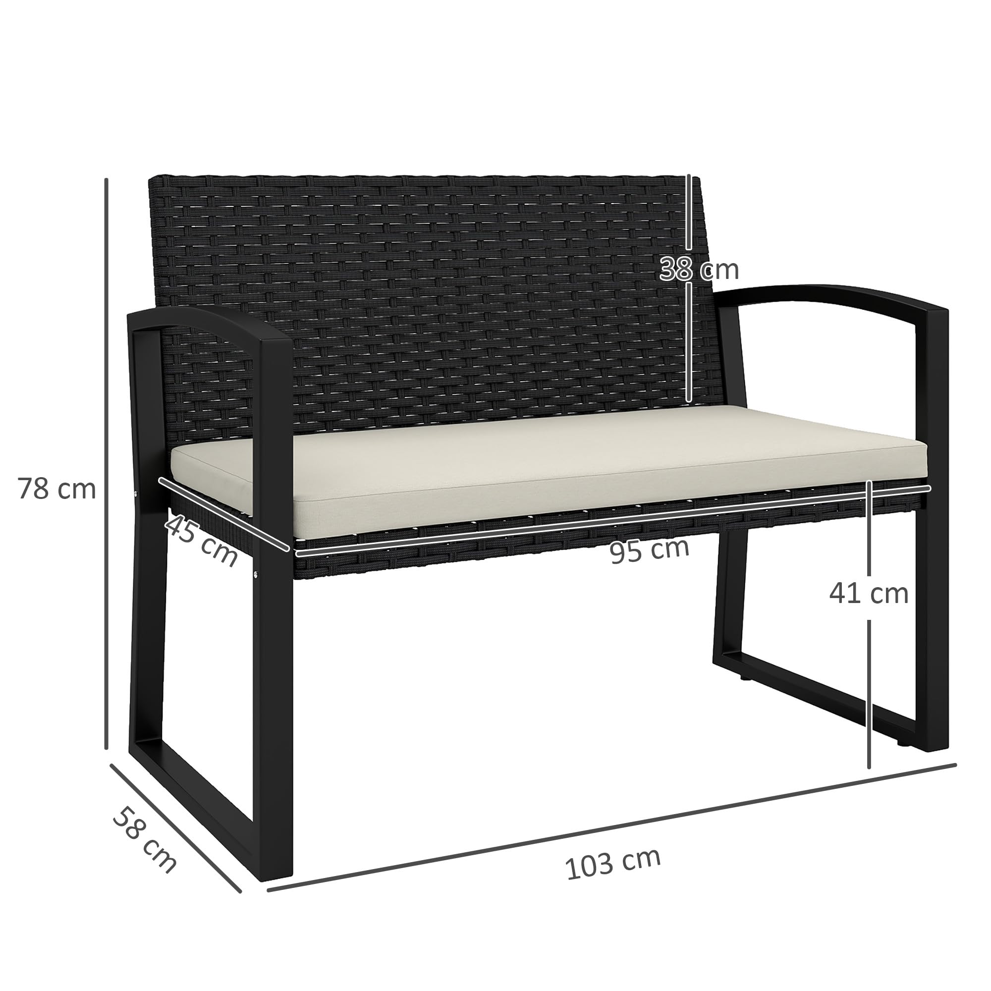 Outsunny Banco de Jardín de Ratán Sintético de 2 Plazas Banco de Exterior con Cojín y Reposabrazos Carga 240 kg para Terraza Patio 103x58x78 cm Negro y Beige