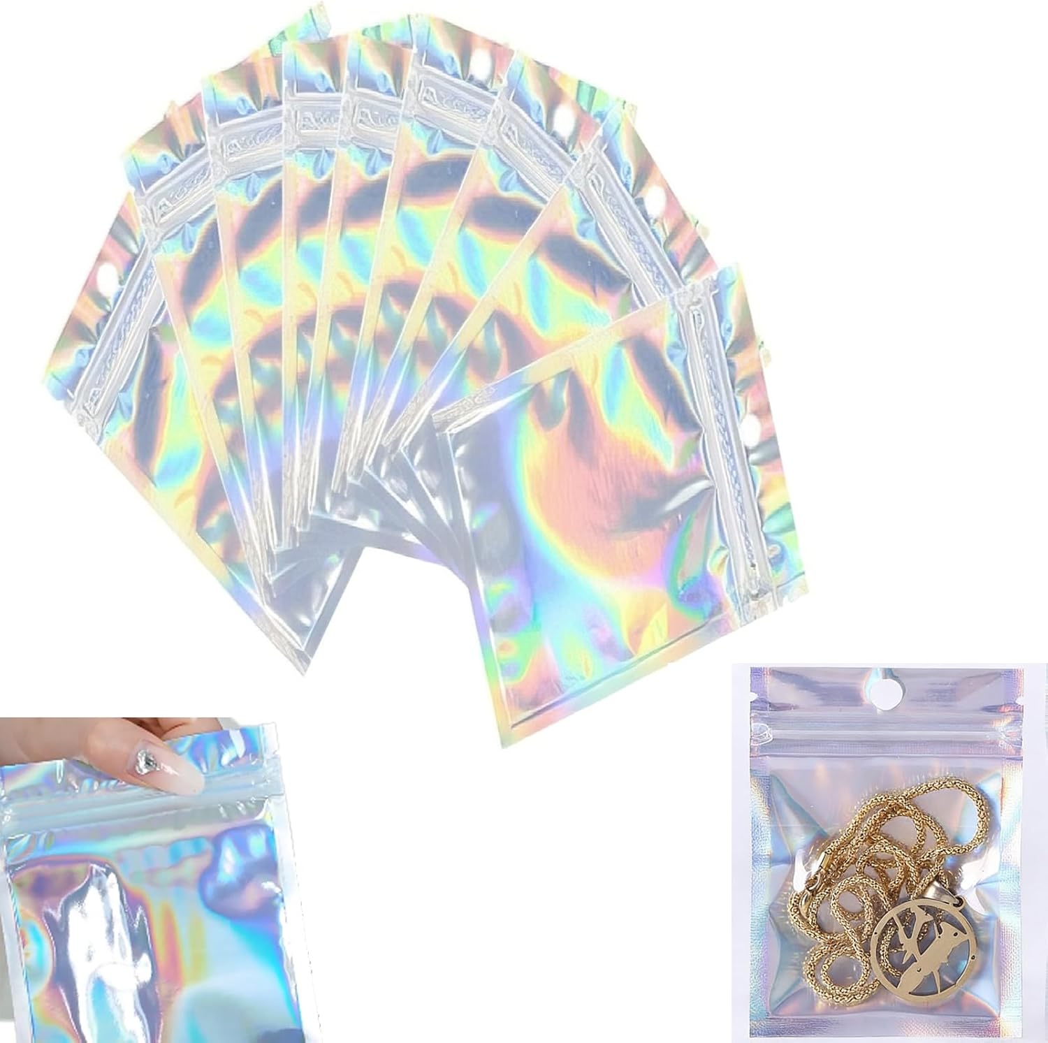 ZOENHOU 500 PCS 3 x 4 Inch Resealable Smell Proof Bags, Flat Clear Mylar Bags Holographic Rainbow Ziplock Storage Bags Plastic Packaging Bags for Jewelry Candies Screws