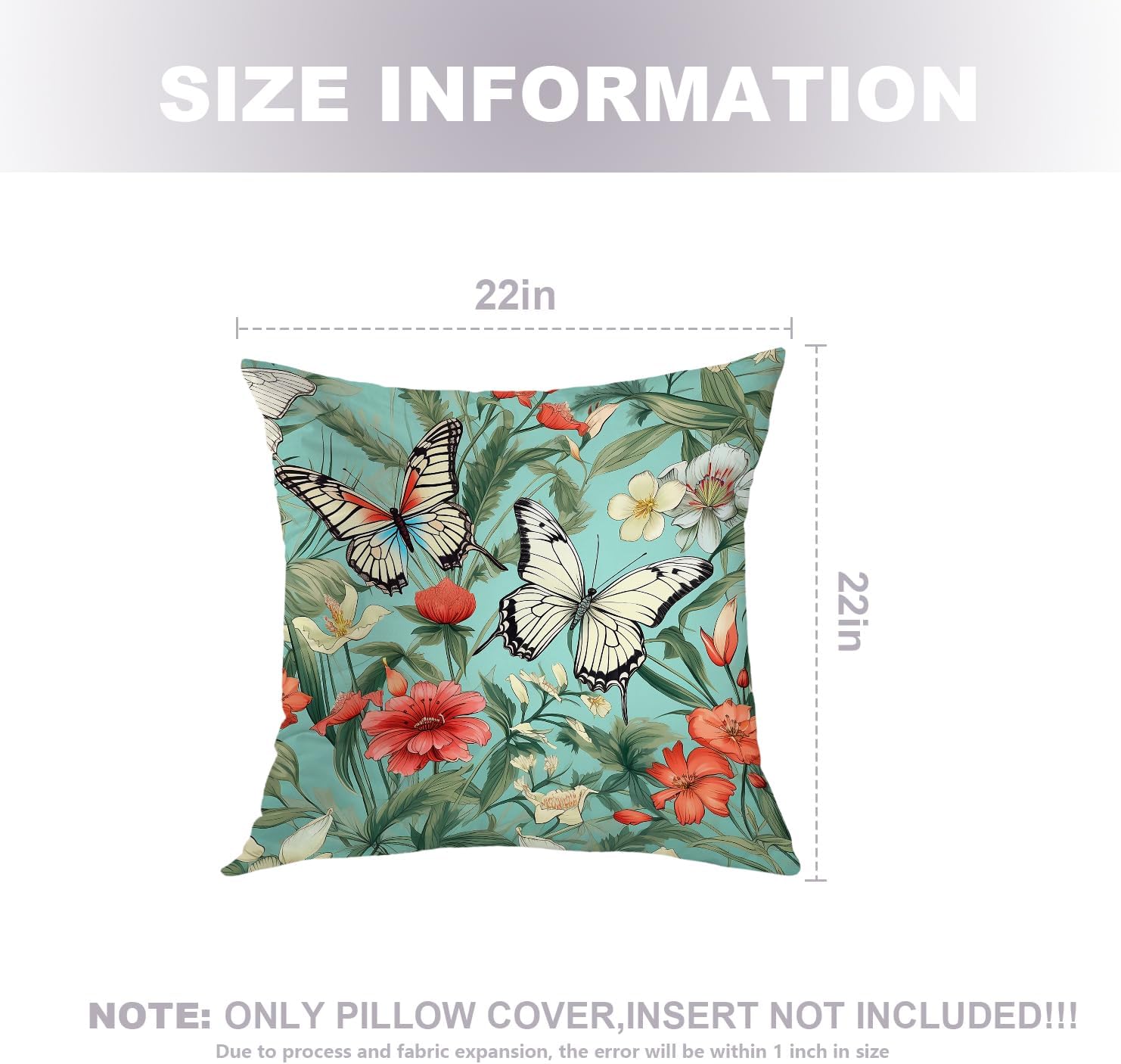 Butterflies Flowers Throw Pillow Covers, Beautiful Floral Butterfly Cushion Cover Digital Blended Hidden Zipperl Decorative Pillowcases for Hair Skin Square 22X22 in 2 Pcs