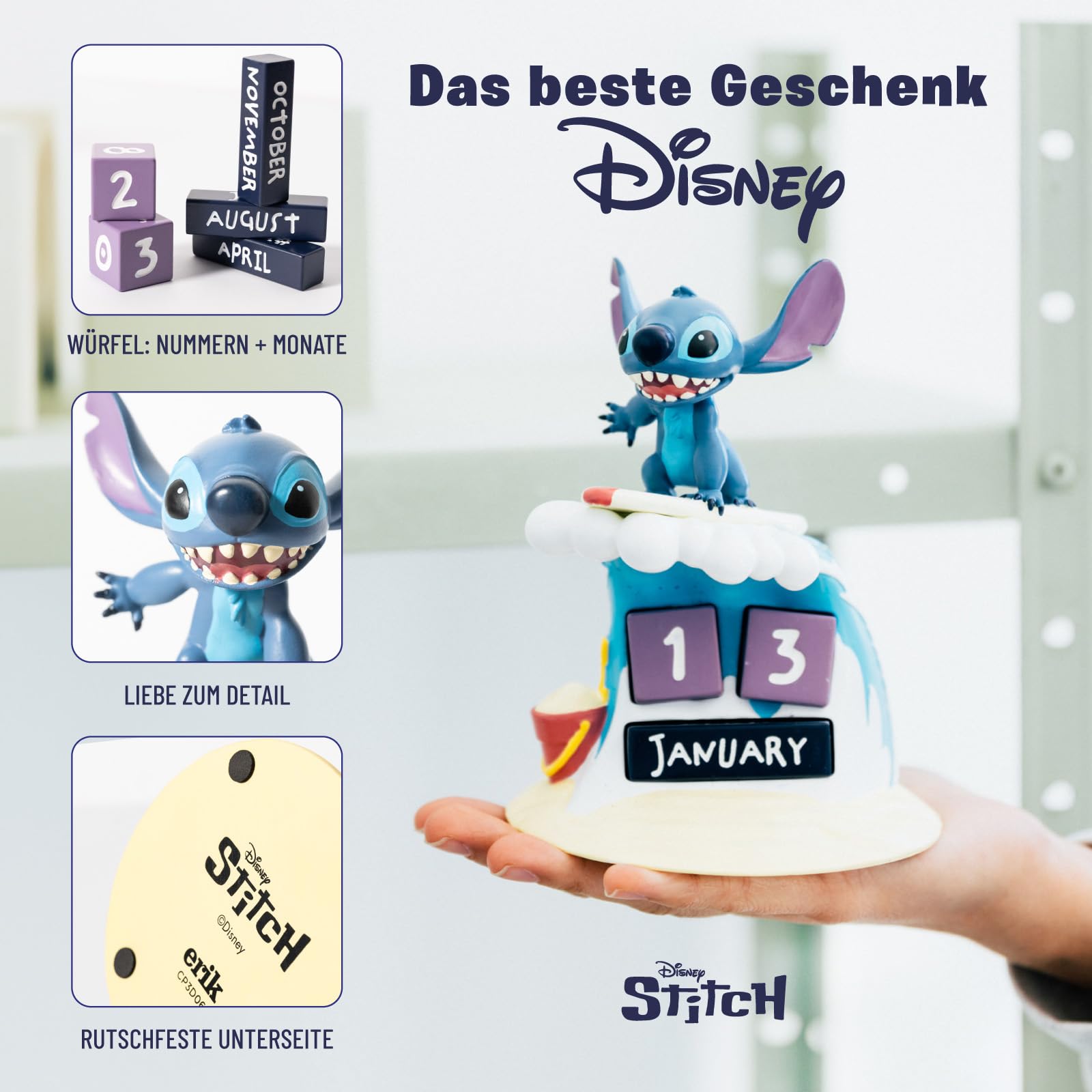 Grupo Erik Ewiger Kalender Disney Stitch Figur Sufer - 3D Kalender Tischkalender zum Aufstellen - Dauerkalender Lilo und Stitch Offizielles Lizenzendprodukt Büro Deko