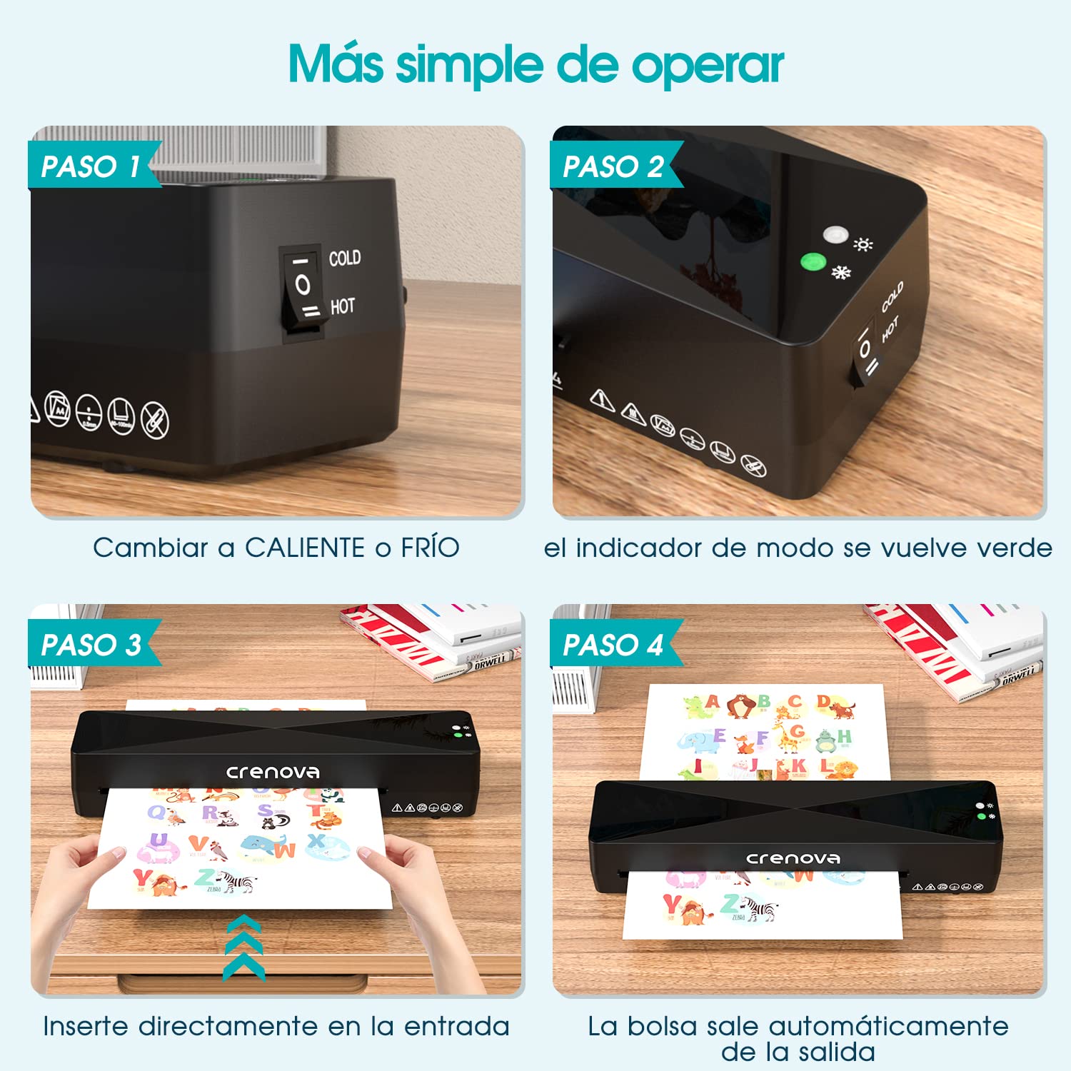 Crenova Plastificadora A4 en Caliente y Frío con 10 Fundas, Sin Burbujas, Ideal para Hogar y Oficina (Negra)