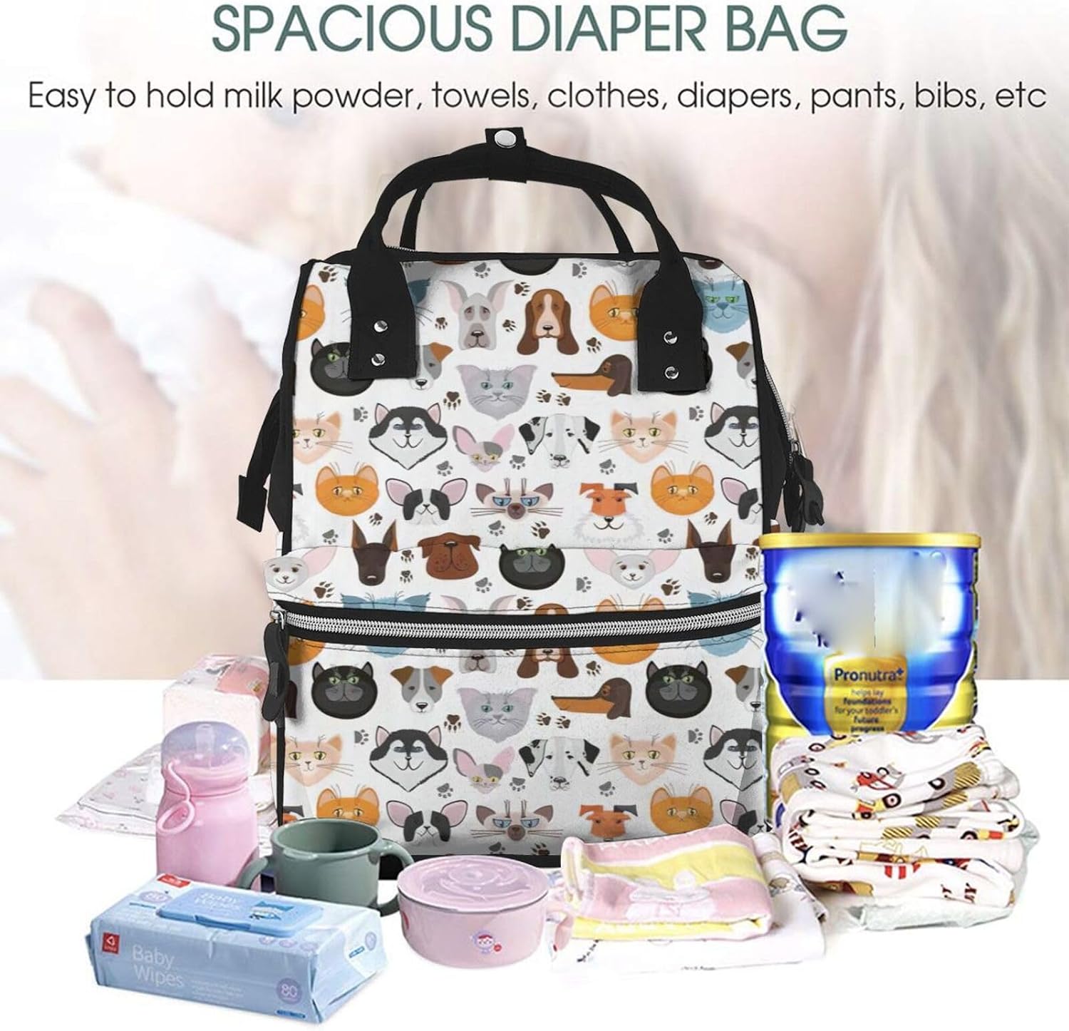 Elegant Cat and Dog Faces Bulldog Beagle Labrador Print Mummy backpack Large, Waterproof,Adjustable Straps for Outdoor Activities