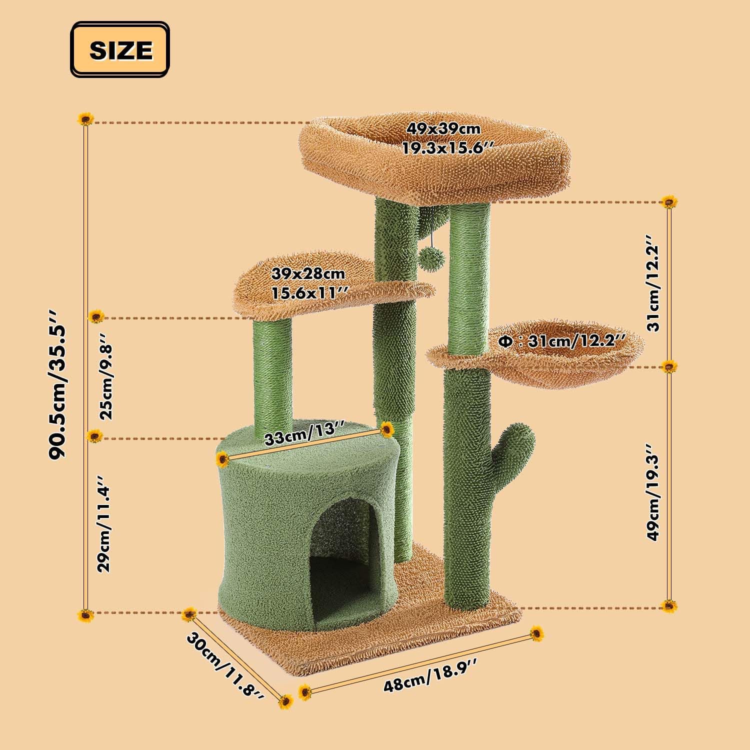 MUTTROS Cactus Cat Tree, Multi-Level Cat Tower with Large Metal Carpet Hammock, Cat Scratching Post for Indoor Cats with Condo & Replaceable Toy Ball, Green
