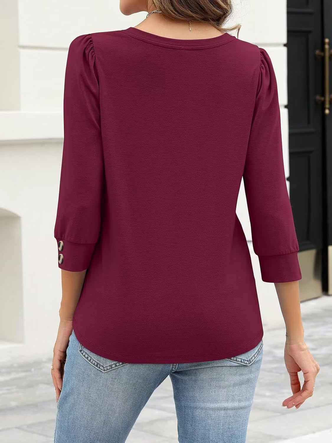 Women's 3/4 Length Sleeve Tops with Buttons V Neck T Shirts Business Casual Blouses Loose Fit Summer Tunic Clothes - Image 4
