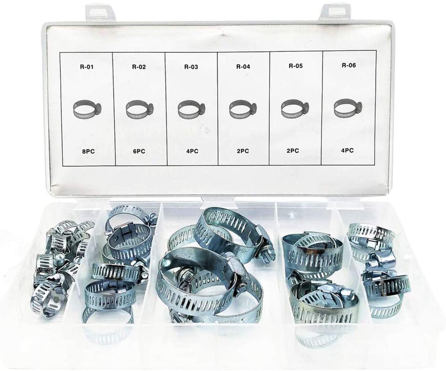 DELFINO Hose Clamp, 26 Pieces Stainless Steel Adjustable Size Range Worm Gear Hose Clamp, Fuel Line Clamp for Plumbing, Automotive And Mechanical Application Pipes, Clip Fixed Tool