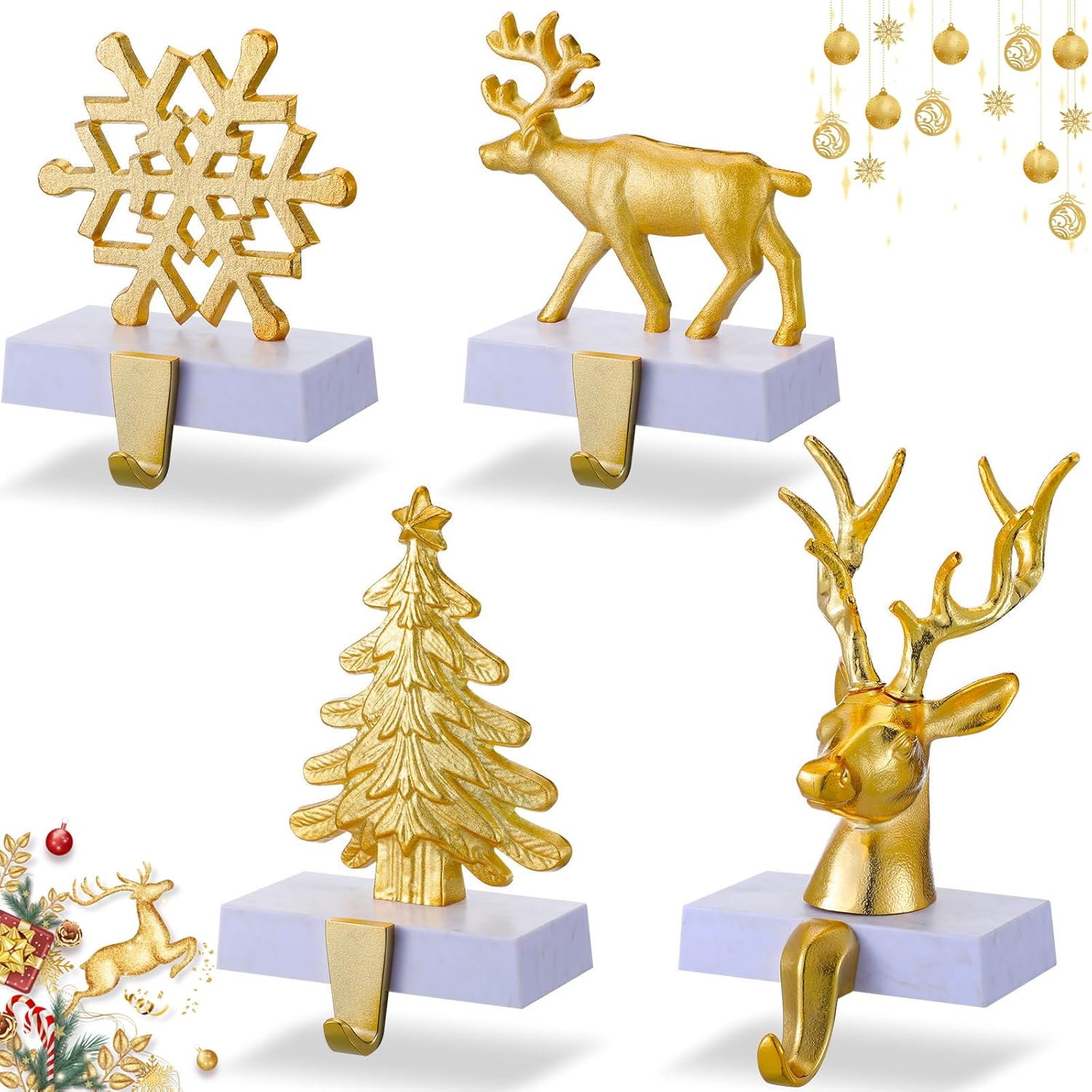 Therwen Set of 4 Christmas Stocking Holder for Mantle, Fireplace Stocking Hangers 3D Reindeer Elk Snowflakes Christmas Tree Hooks for Holiday Farmhouse Shelf Table Decor(Silver Style)