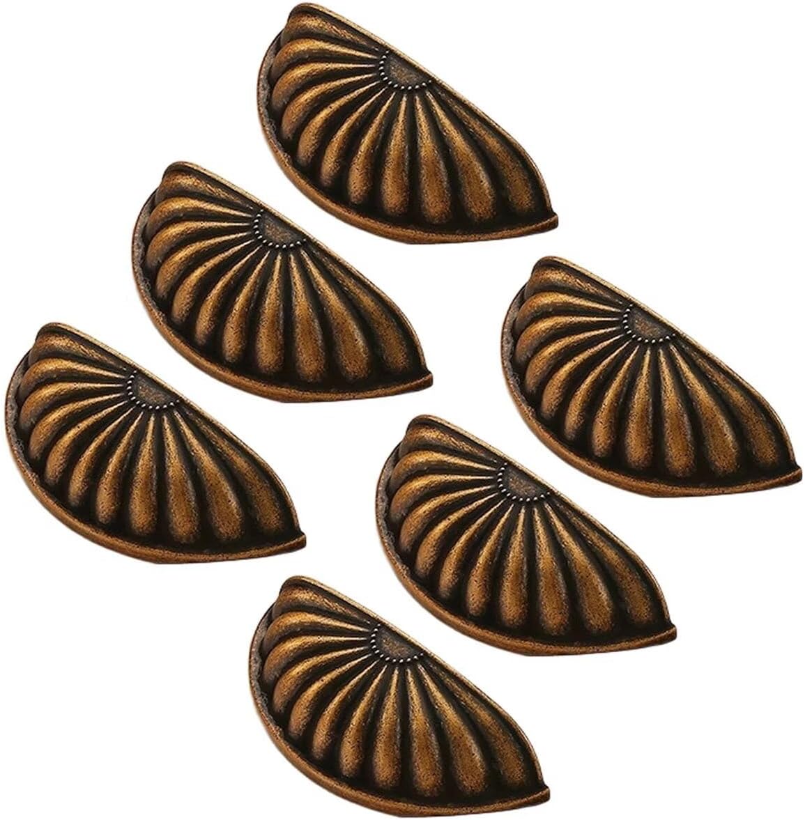 Yellow Bronze Cabinet Cup Handles, 6PCS Zinc Alloy Drawer Pulls Vintage Shell Shape Knobs for Dresser Cupboard Kitchen Furniture Decoration, 3" Hole Centers,with Adjustable Screws