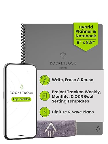 Rocketbook Fusion Planificador de Productividad Reutilizable Sin Fecha, Tamaño Ejecutivo 6x8.8, Gris - Objetivos, Calendario Mensual y Semanal, Lista de Tareas Diaria, Páginas de Notas Lineadas y Puntuadas