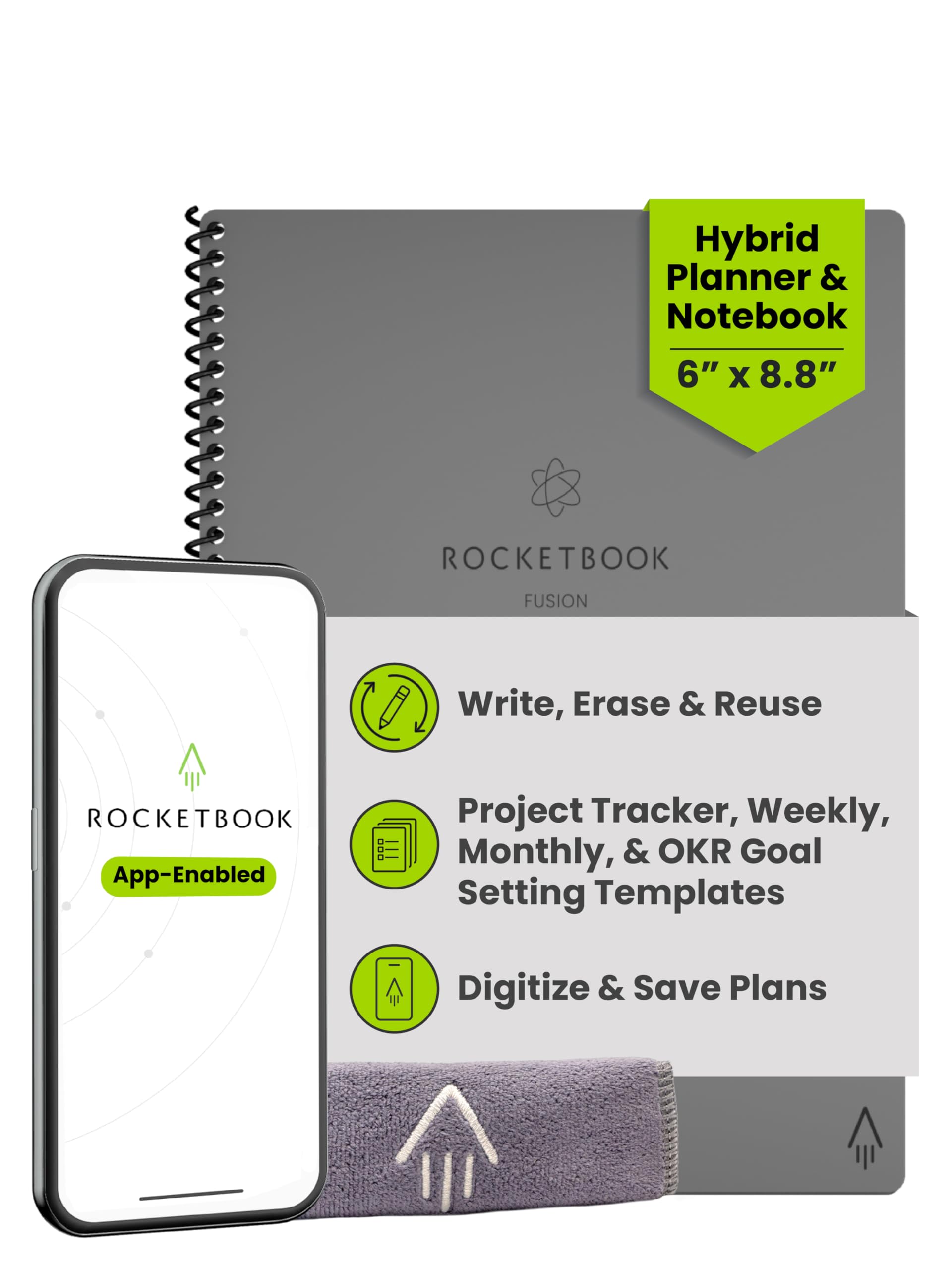 Rocketbook Fusion Reusable Digital Notebook - Smart Notepad A5 Grey, 7 Styles, To Do List, Daily Journal, Weekly & Monthly Planner, with Frixion Erasable Pen, Office Gadget Reduces Paper Waste