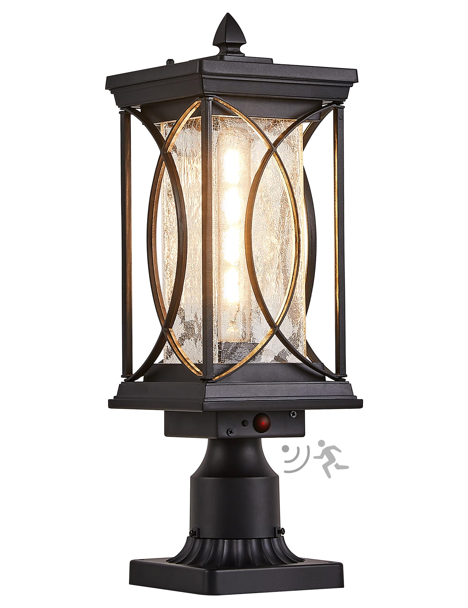 Delicavy Motion Outdoor Post Lantern Dusk to Dawn Pillar Lamp with 3 Inch Pier Mount Adapter, Black Pole Light Aluminum with Crackle Glass Motion Outdoor Post Lights for Patio, Yard, Garden, Pathway