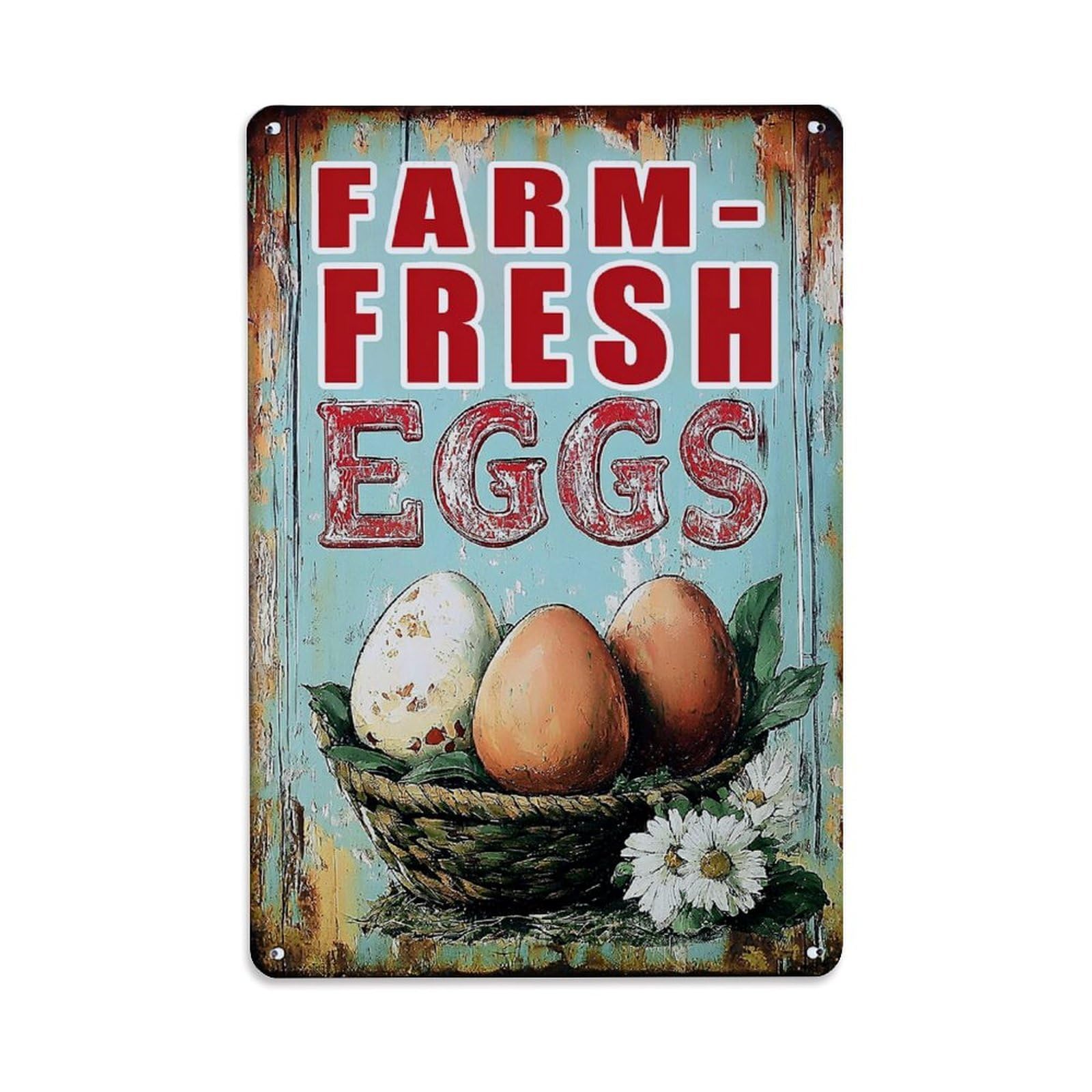 Jdyaojiesheng Vintage Farm Fresh Eggs Basket Flowers Tin Sign Retro Metal Wall Decor Metal Poster, Home Bar Garage Farmhouse Cafe Wall Art Decoration 8X12inches