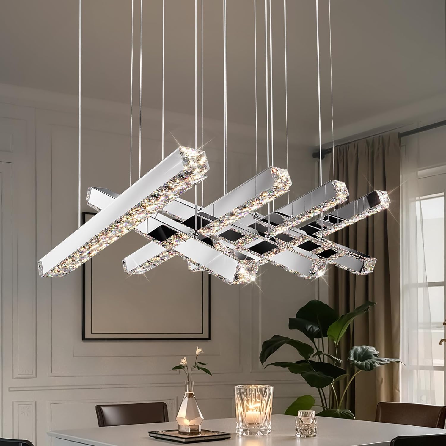 7-Light Linear Crystal Chandelier, LED Modern Chandelier, Chrome Pendant Light Fixture for Living Room Dining Room Kitchen