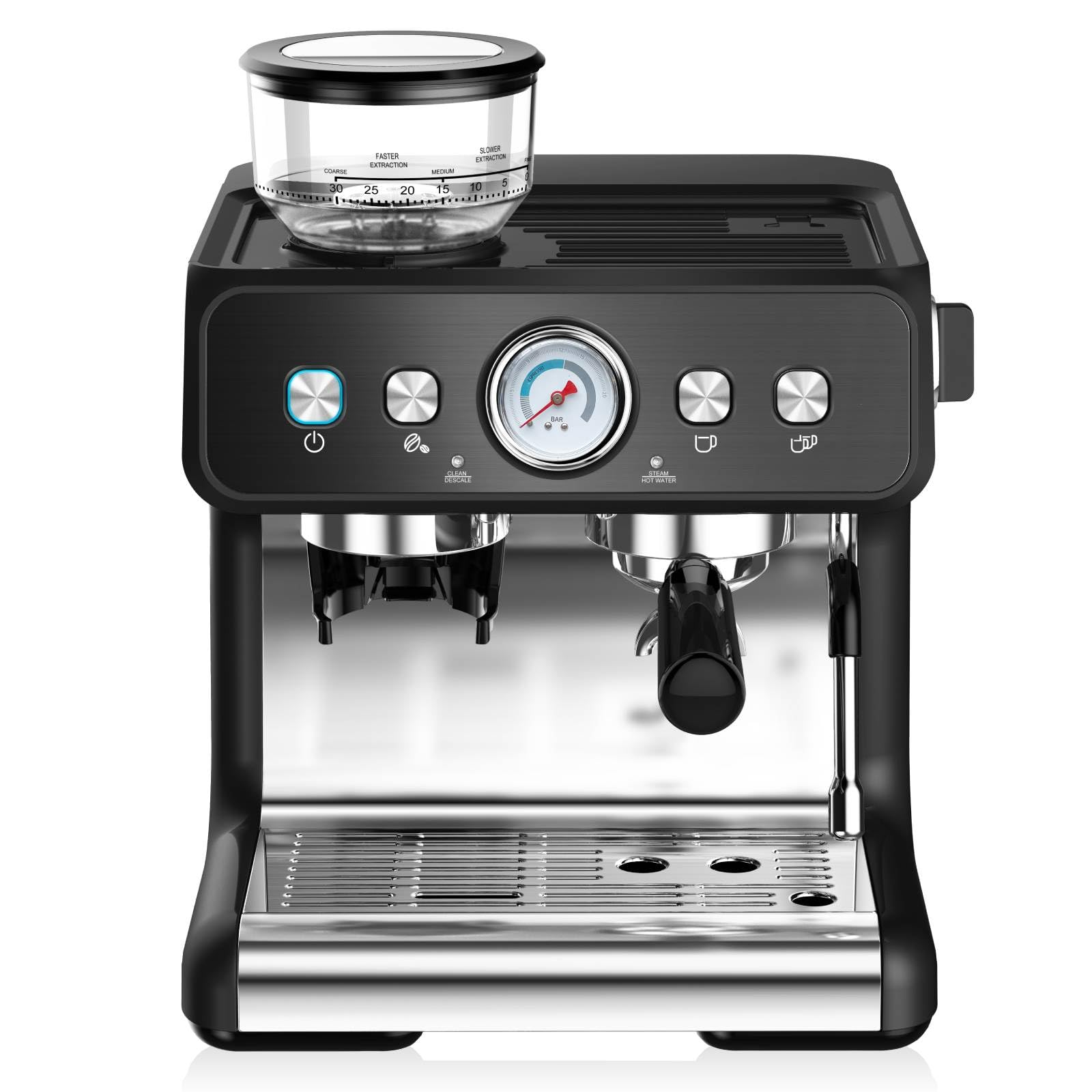PrecisionAuto Coffee Machine with Built-in Grinder – 20 Bar Compact Stainless Steel Coffee Maker, 2.8L Removable Water Tank, Milk Frothing Steam Wand, Programmable Shot Control for Home & Office