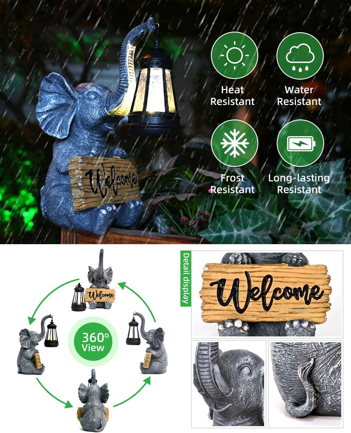 KVR Solar Elephant Garden Lights, Outdoor Welcome Statue Decor for Patio Yard, Birthday Gift for Women Mom Grandma (2025 New Gift Ready)​ (Black) - Image 5