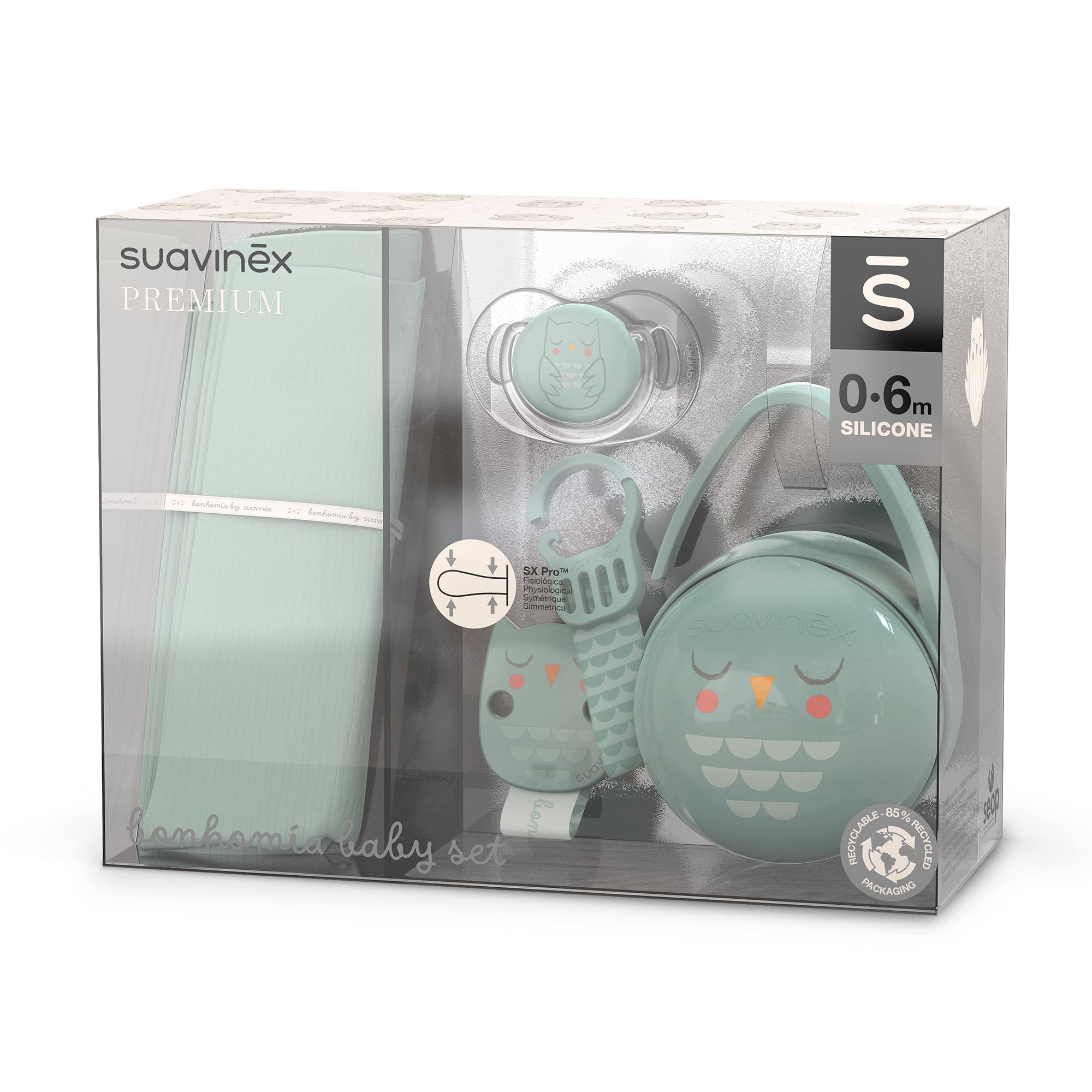 Suavinex, Neugeborene Set. Babygeschenk mit: Schnuller 0-6 Monate mit physiologischer SX Pro Silikon-Sauger + Duo Schnullerbox + Schnullerkette. Bonhomia, Grün