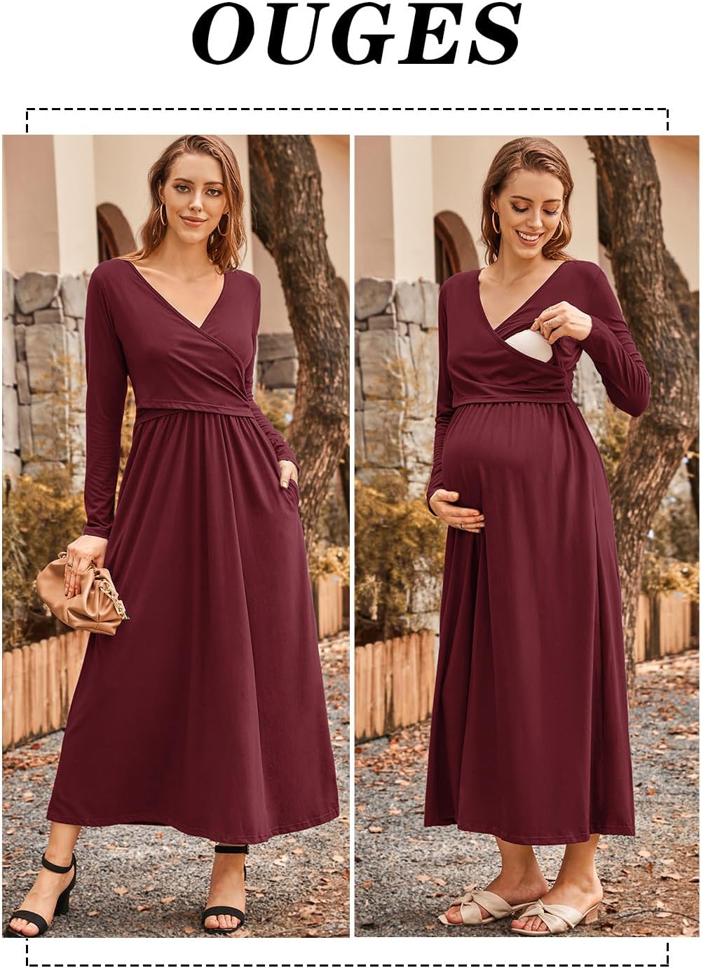OUGES Women's 2024 Fashion Long Sleeve V Neck Maxi Dress with Pockets Maternity Clothes Nursing Dresses - Image 4