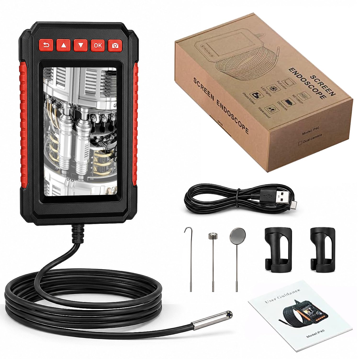 3,9-mm Industrieendoskop, P40 Mikro-Endoskopkamera Mit 4,3-Zoll IPS LCD 1080P-Hd Inspektionskamera, Wiederaufladbar, Ip67-Wasserdicht, Für Automotoren, Rohrleitungen Und Entwässerungssysteme (2M)