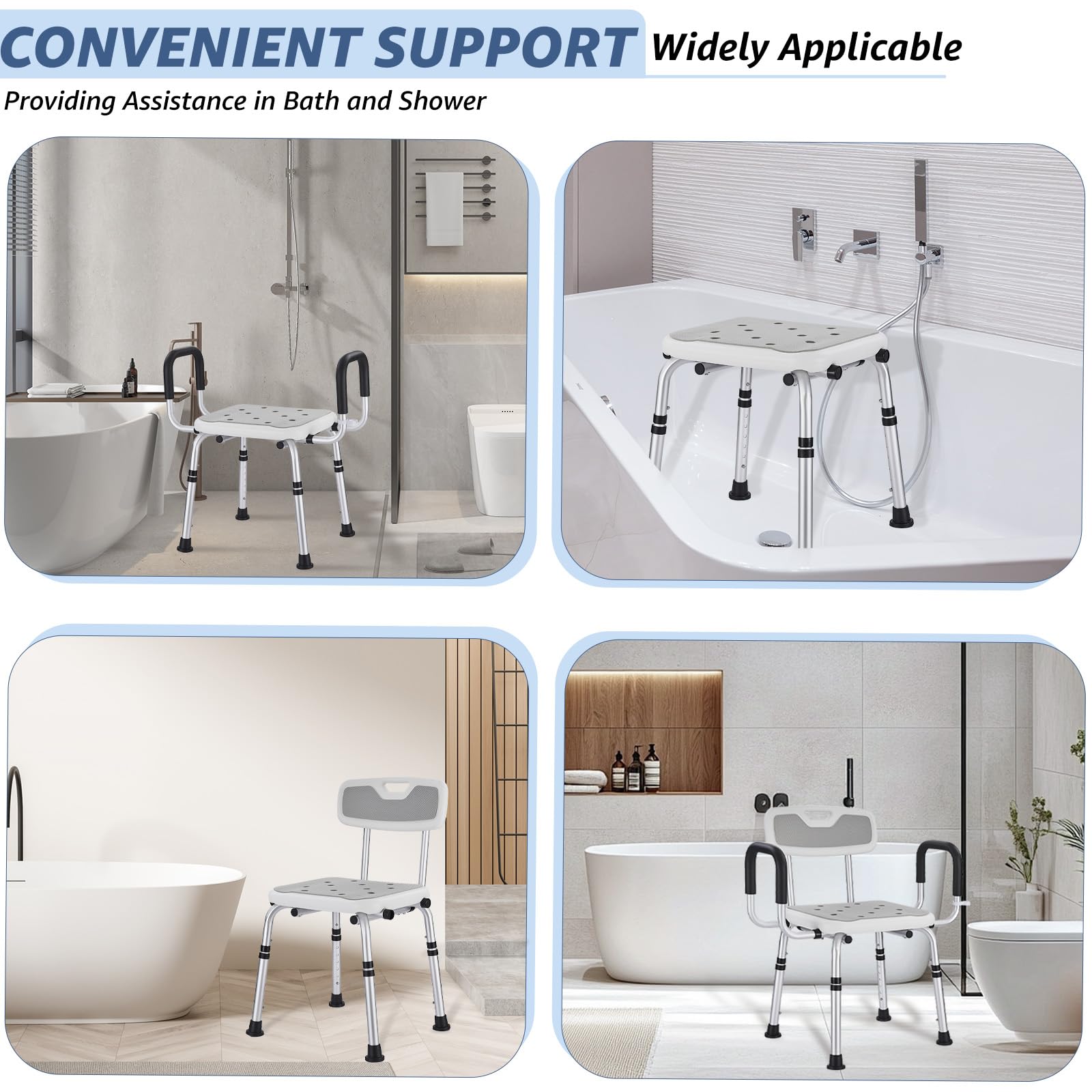 Silla de ducha para ancianos, taburete de ducha resistente con 2 ajustes de brazos extra anchos y respaldo, asiento de ducha bariátrico de seguridad antideslizante de 330 libras, altura