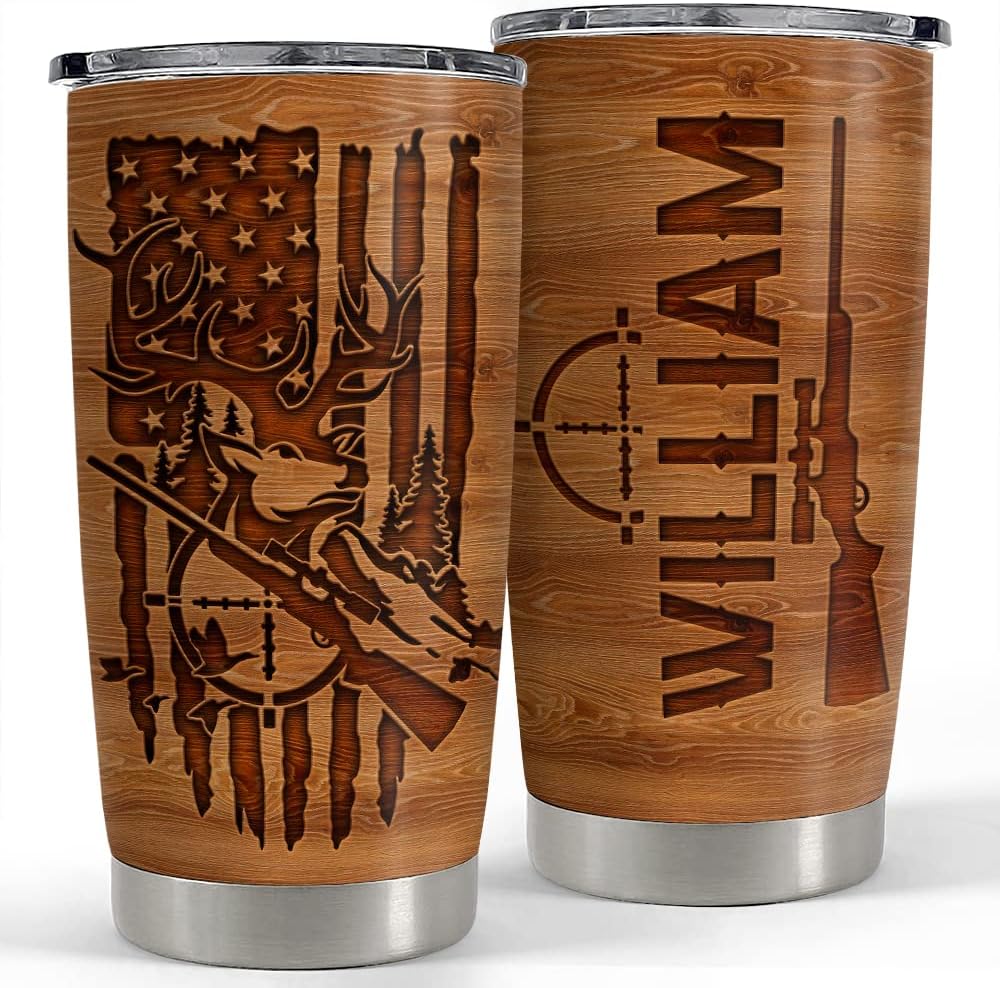 SANDJEST Personalized Hunting Tumbler Wood Style American Flag 20oz 30oz Tumblers with Lid Gift for Men Dad Best Friends Hunting Lovers Christmas Birthday Fathers Day